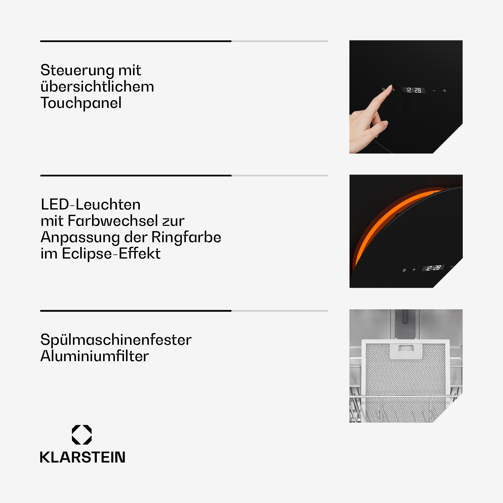 Una ficha de datos del producto con detalles sobre un electrodoméstico Klarstein, incluida la eficiencia energética y especificaciones técnicas.