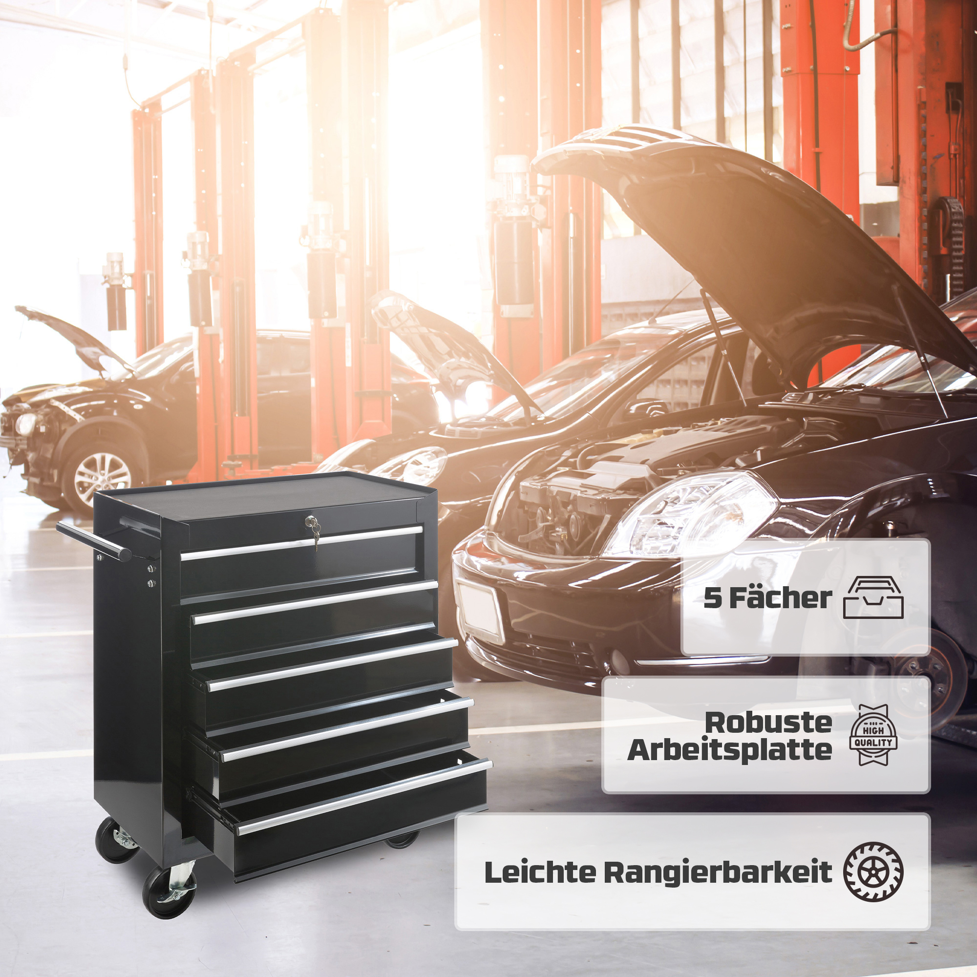Eine schwarze, rollende Werkzeugkiste mit 5 Schubladen, beschriftet mit 'Robuste Arbeitsplatte' und 'Leichte Rangierbarkeit'.