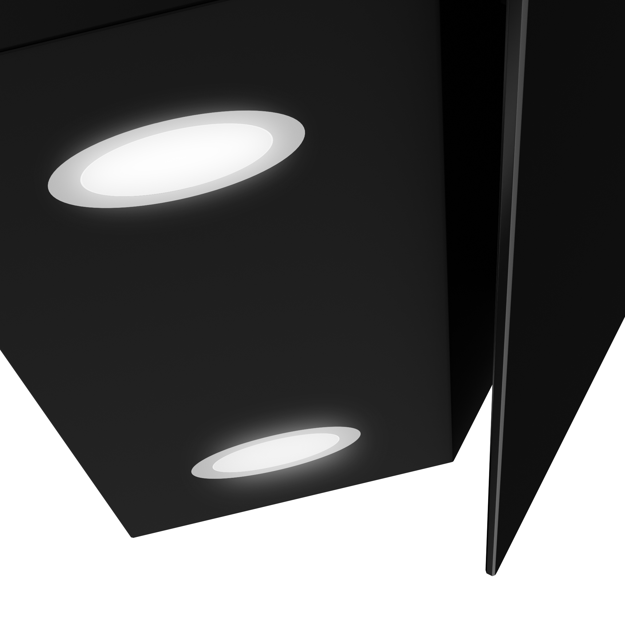 Una toma de primer plano de una campana extractora negra con dos luces circulares sobre un fondo blanco.