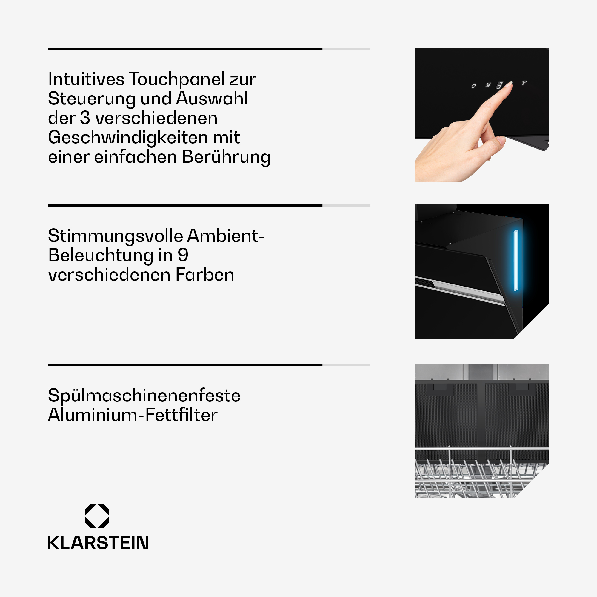 Infografía con texto sobre las características de una campana extractora Klarstein, incluyendo panel táctil e iluminación ambiental.