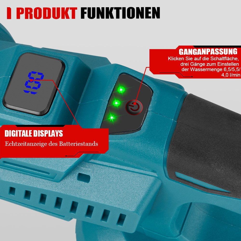 Ein türkis-schwarzes Elektrowerkzeug mit Digitalanzeige, die eine Nummer anzeigt, und Kontrollleuchten. Textbeschriftungen und Pfeile.
