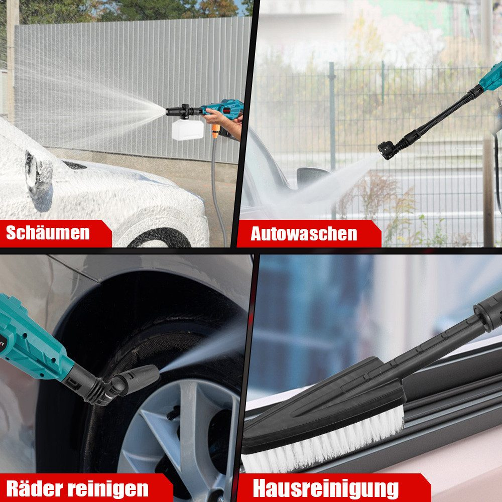 Das Bild zeigt vier Szenen: Einschäumen eines Autos, Autowaschen, Reinigen von Rädern und Hausreinigung mit einem Hochdruckreini