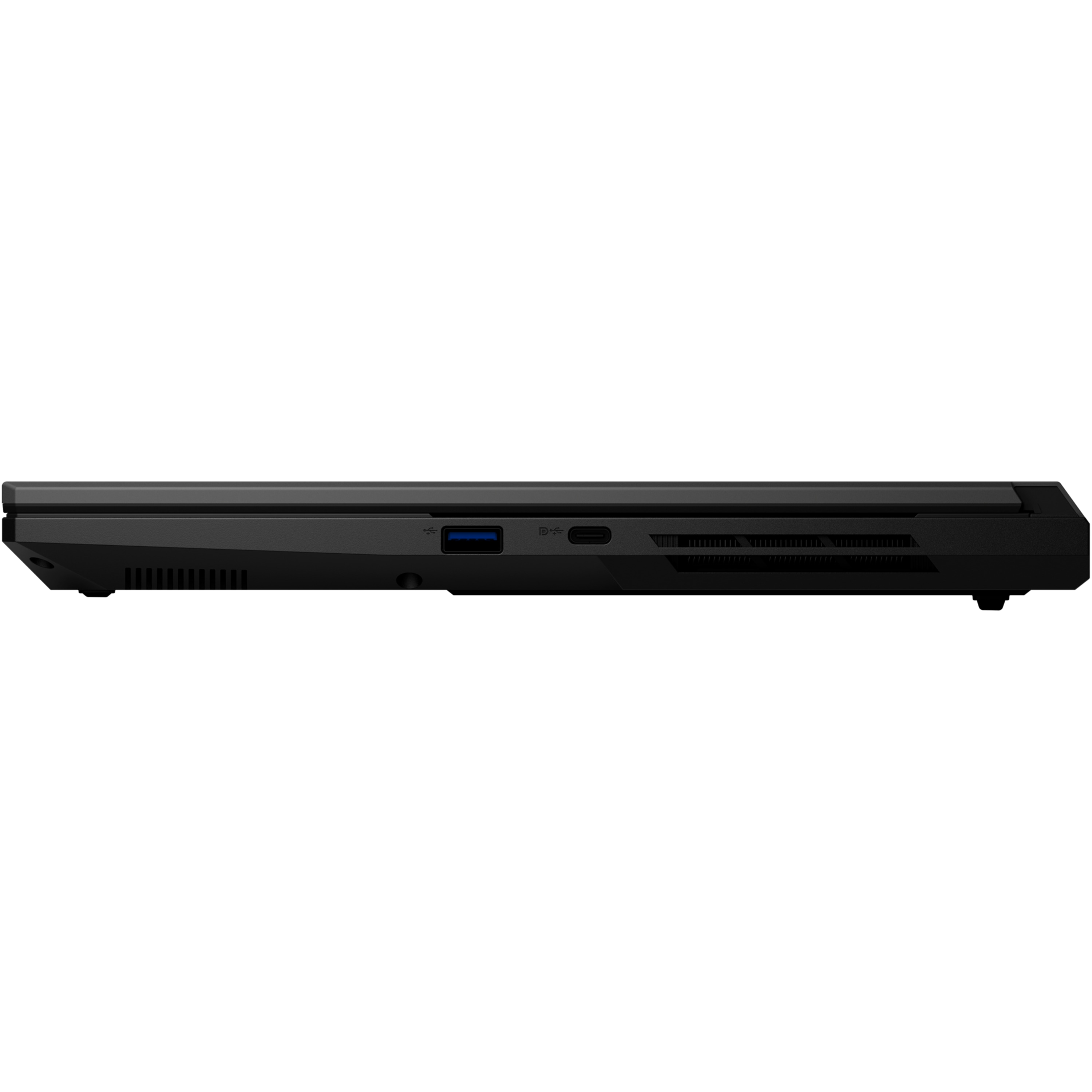 Die Seitenansicht eines schwarzen Laptops zeigt USB- und USB-C-Anschlüsse sowie Lüftungsgitter vor einem weißen Hintergrund.