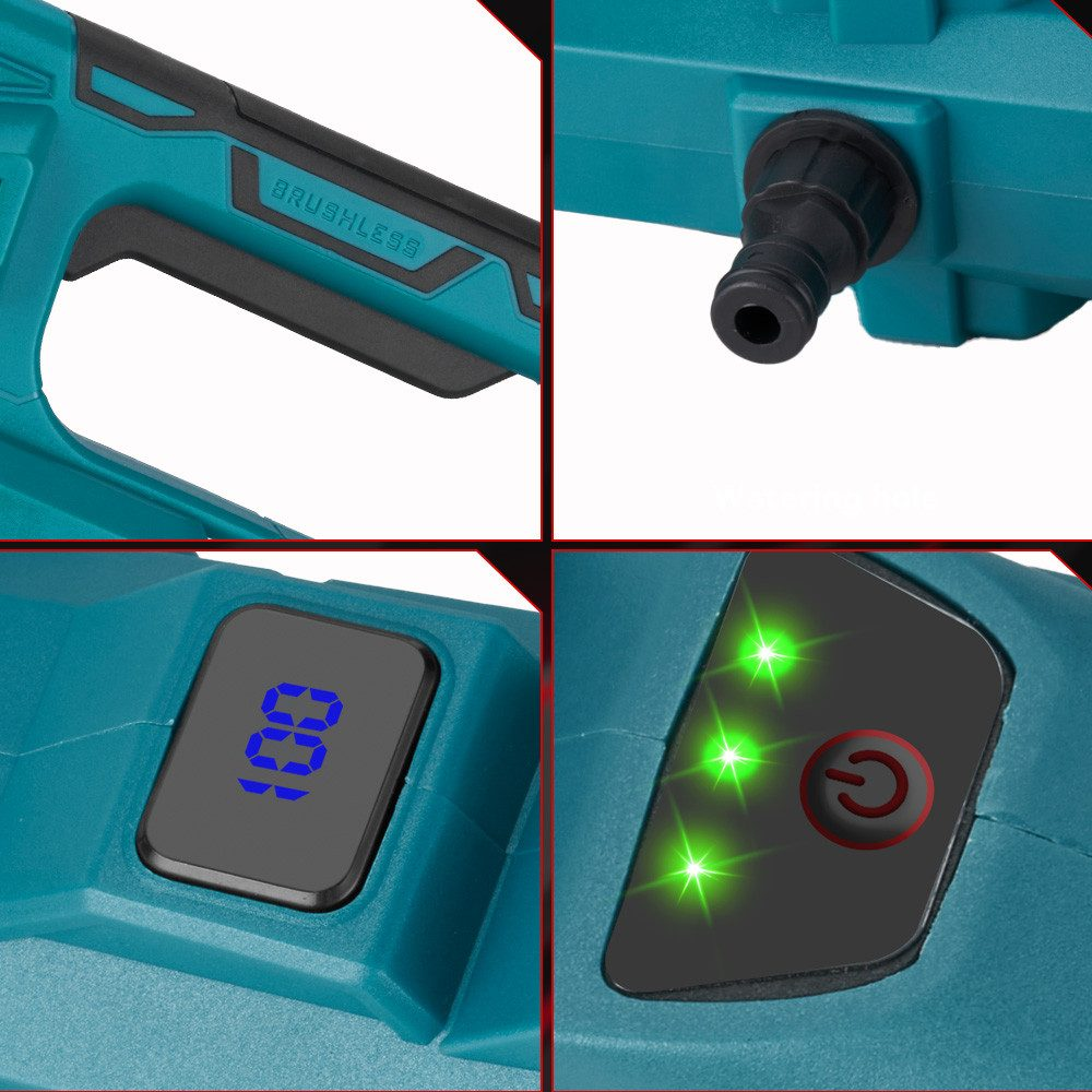 Nahaufnahme eines teal Hochdruckreinigers mit Details wie Griff, Düse und Display.