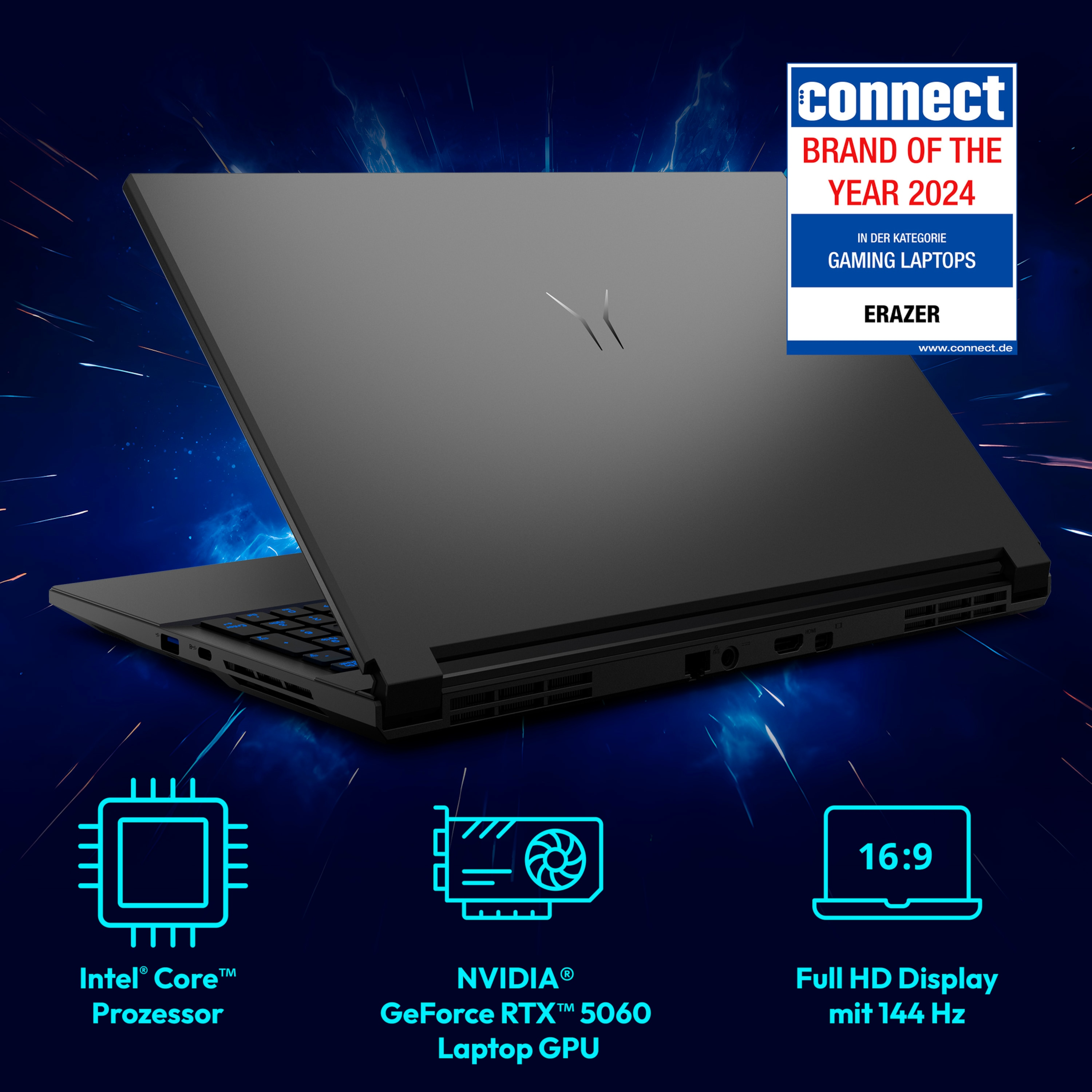 Ein schwarzer Laptop mit geschlossenem Deckel. Der Laptop hat ein Logo und die Worte 'connect BRAND OF THE YEAR 2024' sind angezeigt.