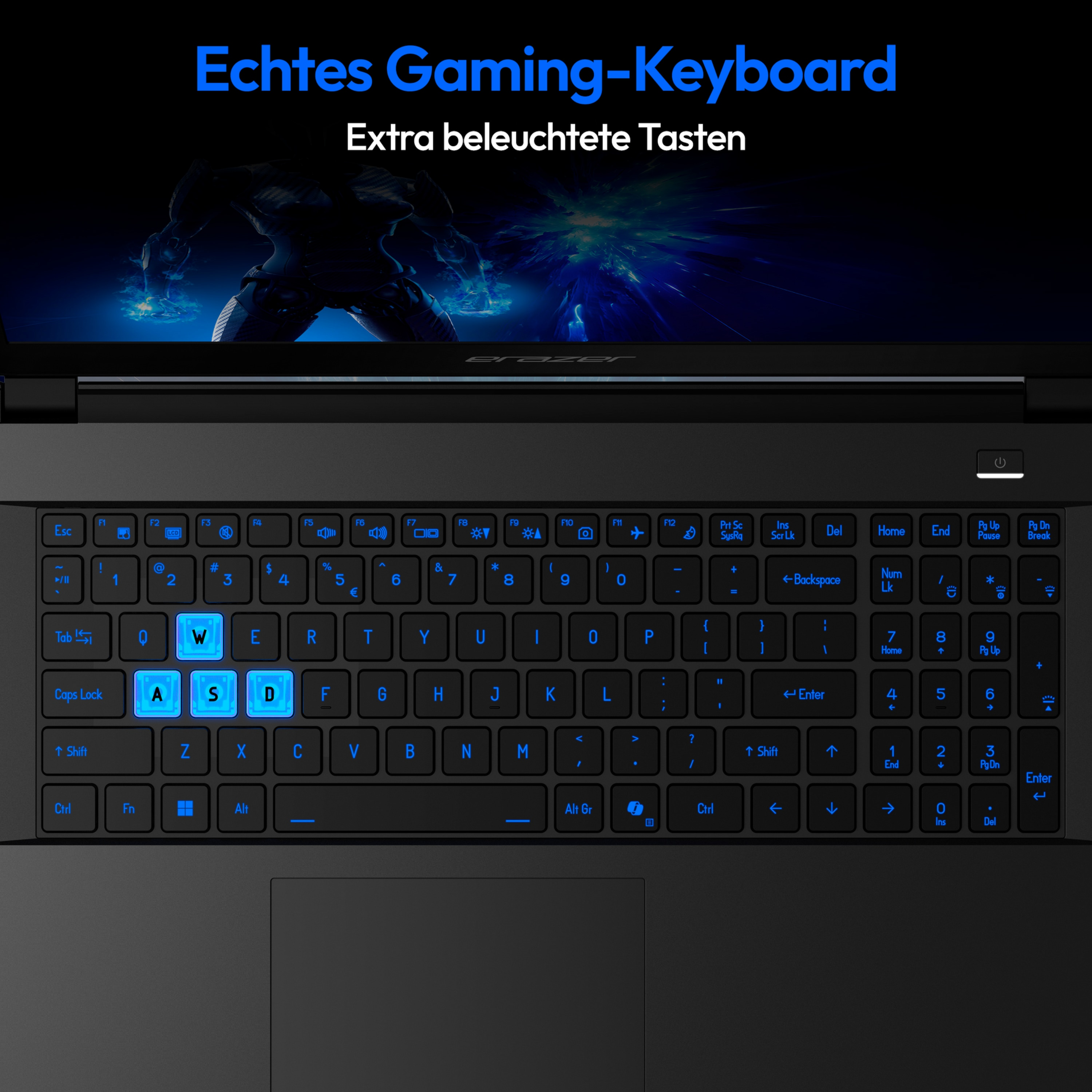 Nahaufnahme einer Laptop-Tastatur mit blau beleuchteten Tasten, hervorgehobene Tasten sind WASD.