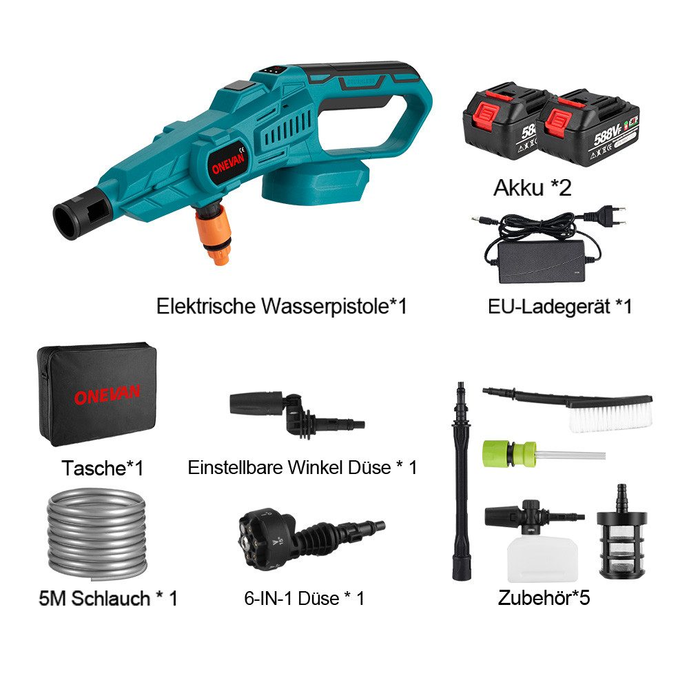 Ein teal Hochdruckreiniger mit Zubehör wie Batterien, Ladegerät und verschiedenen Düsen.