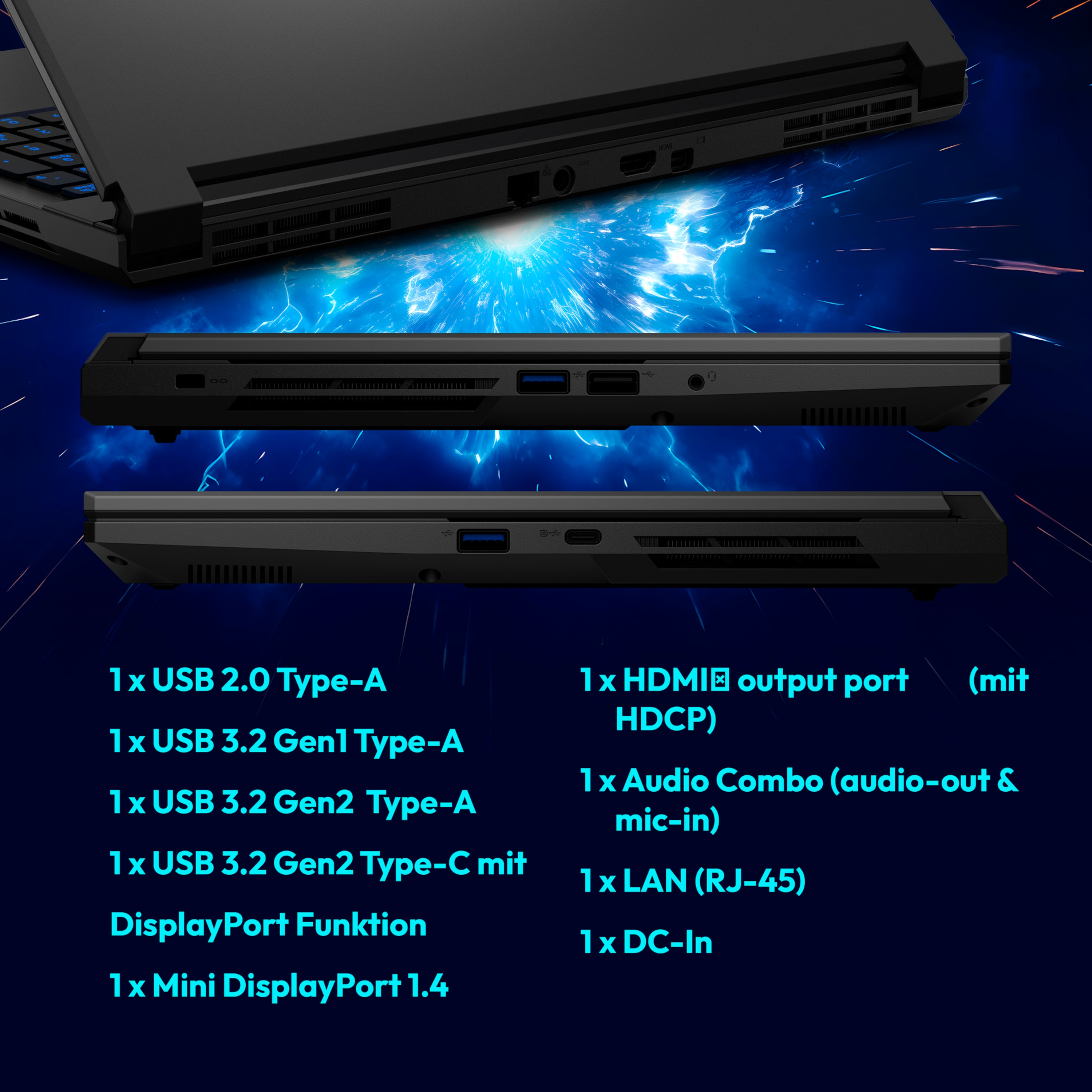 Ein Laptop mit geöffneter Unterseite, Anschlüsse zeigend. Beschriftungen: USB, HDMI, Audio, LAN und Mini DisplayPort. Blauer Hintergrund.
