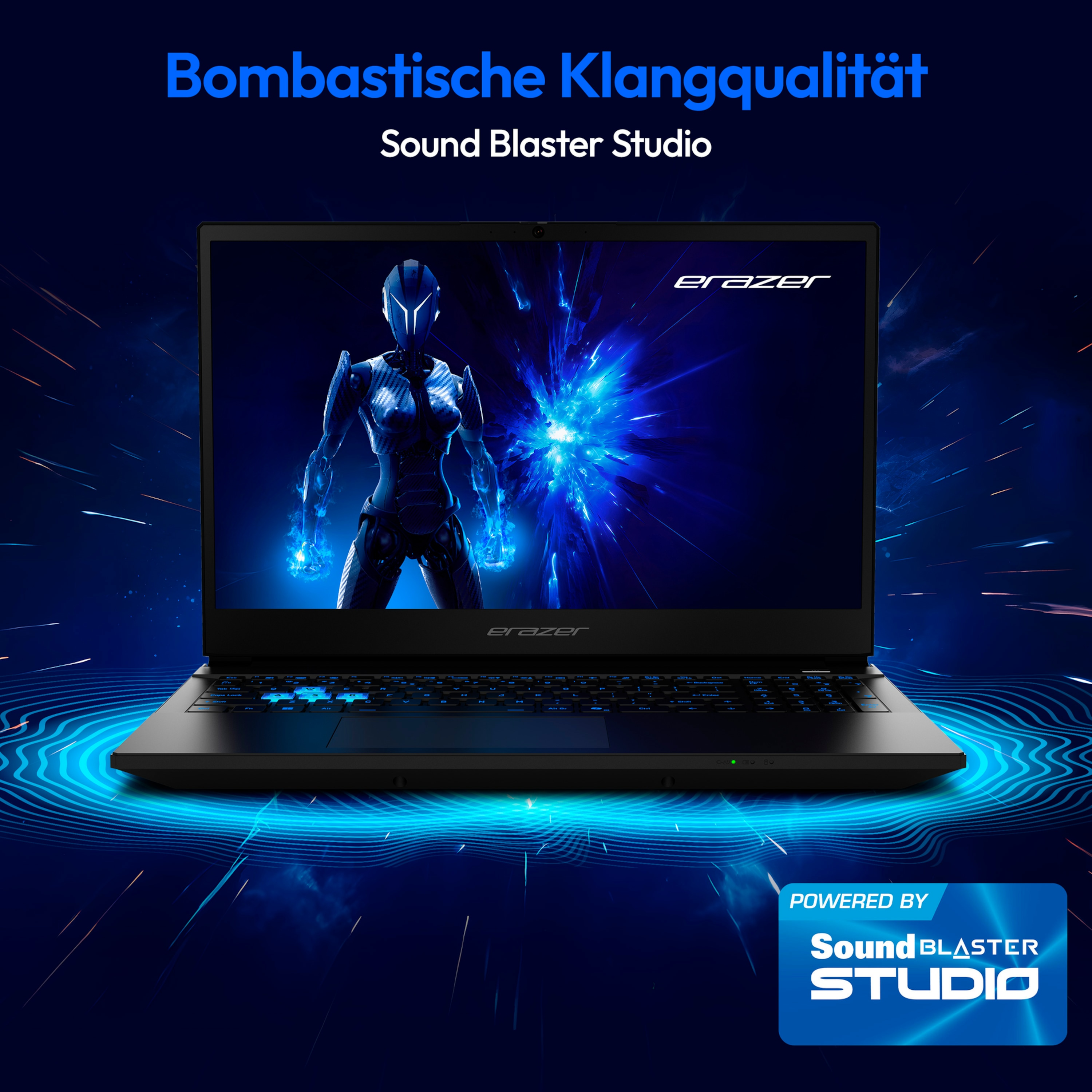 Ein Laptop-Bildschirm, der eine blaue futuristische Szene mit einer Figur und den Worten 'Sound Blaster Studio' zeigt.