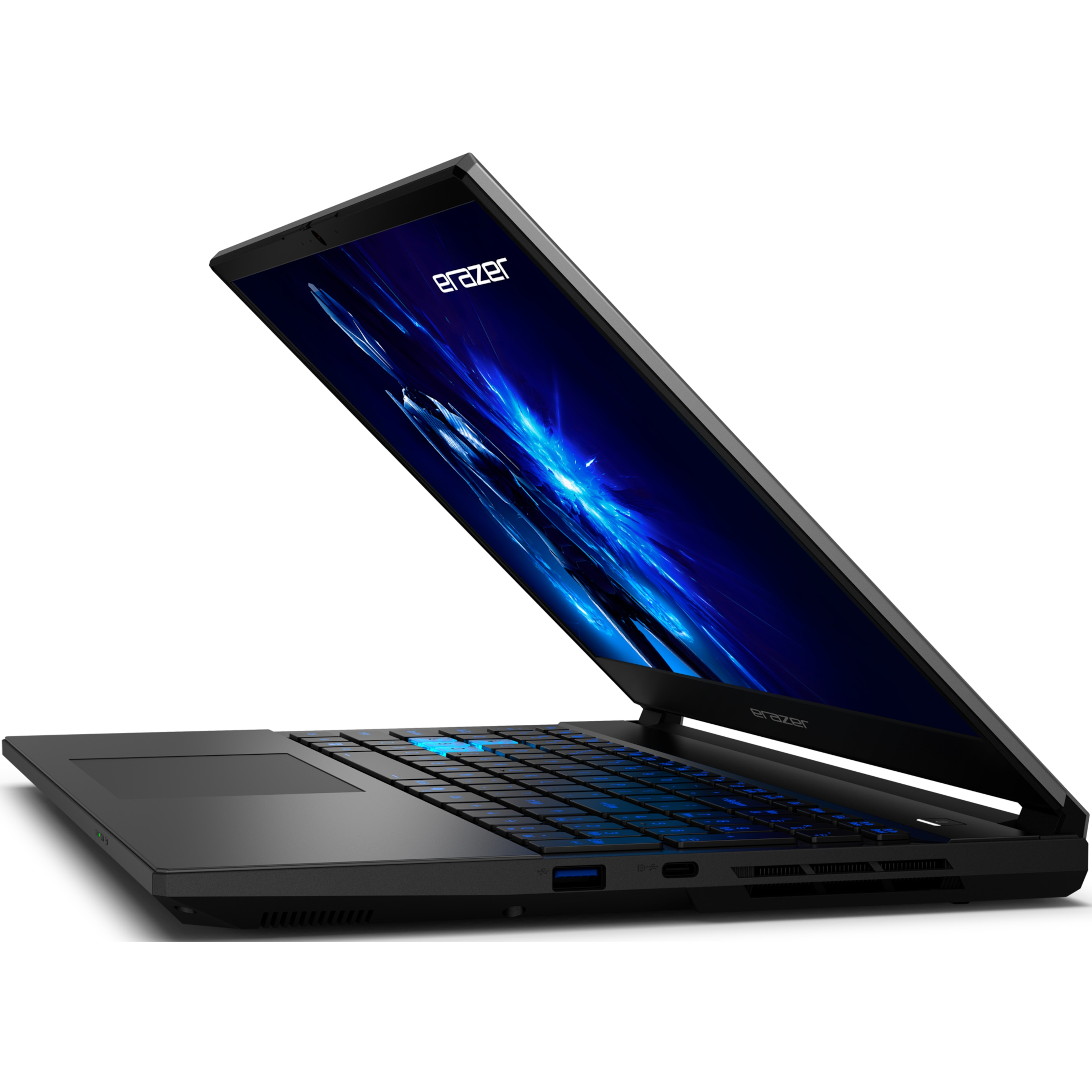 Ein schwarzer Laptop mit einem Bildschirm, der blaue und weiße abstrakte Designs zeigt. Der Laptop ist geöffnet und nach rechts abgewinkelt.