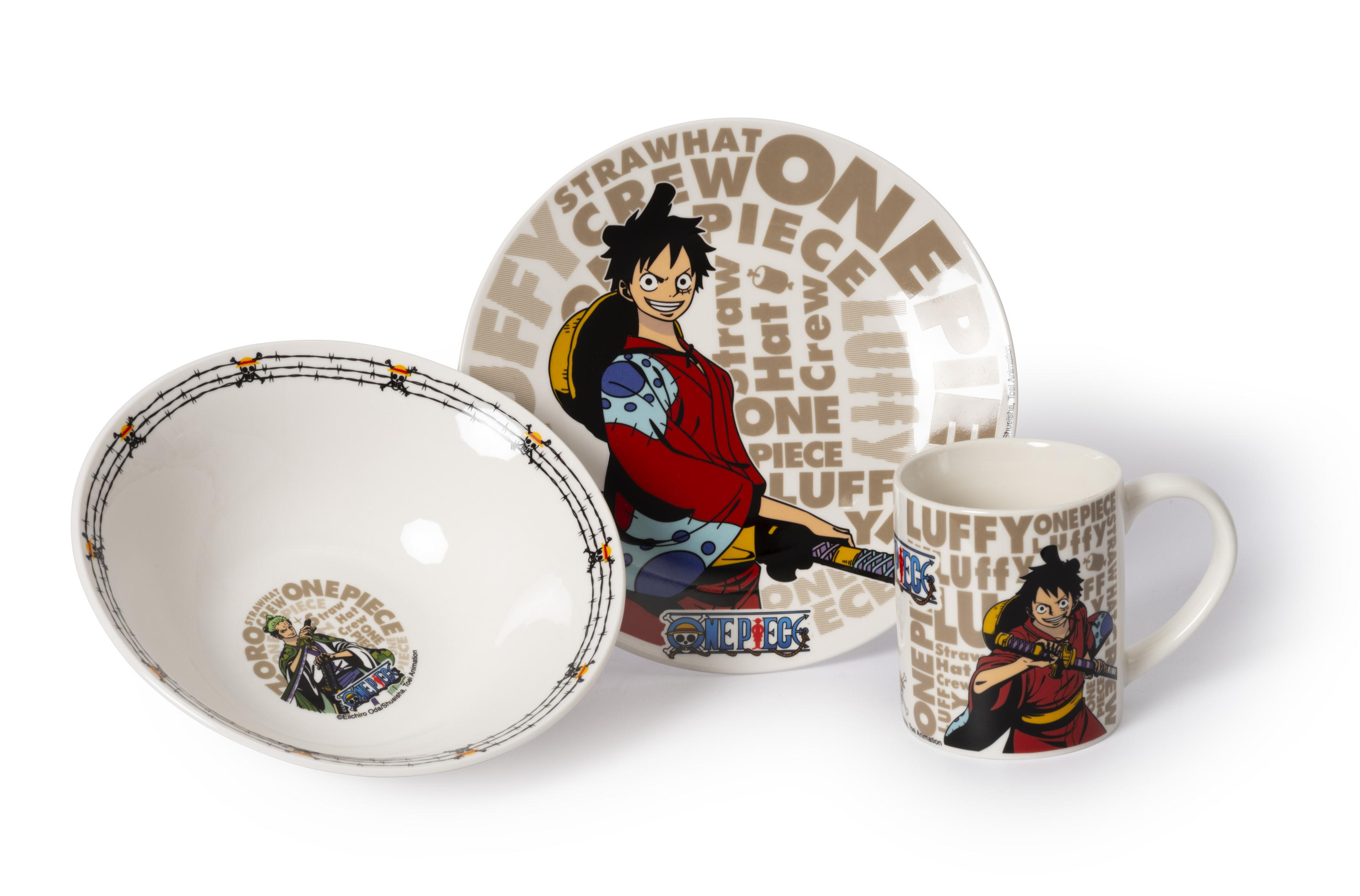 Ein One Piece-Geschirrset. Enthält einen Teller, eine Schüssel und einen Becher, alle mit Charakterdesigns und Logos.