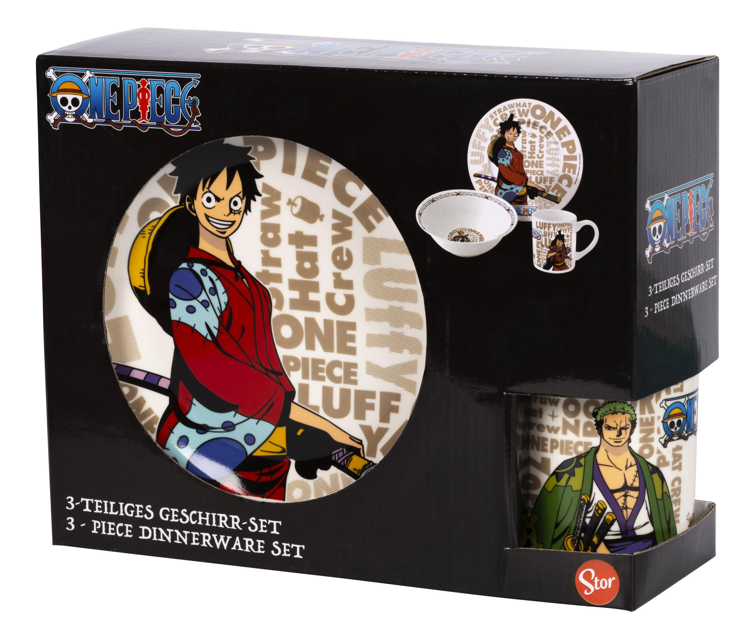 Ein verpacktes One Piece-Geschirrset. Enthält einen Teller, eine Schüssel und einen Becher mit Luffy- und Zoro-Designs.