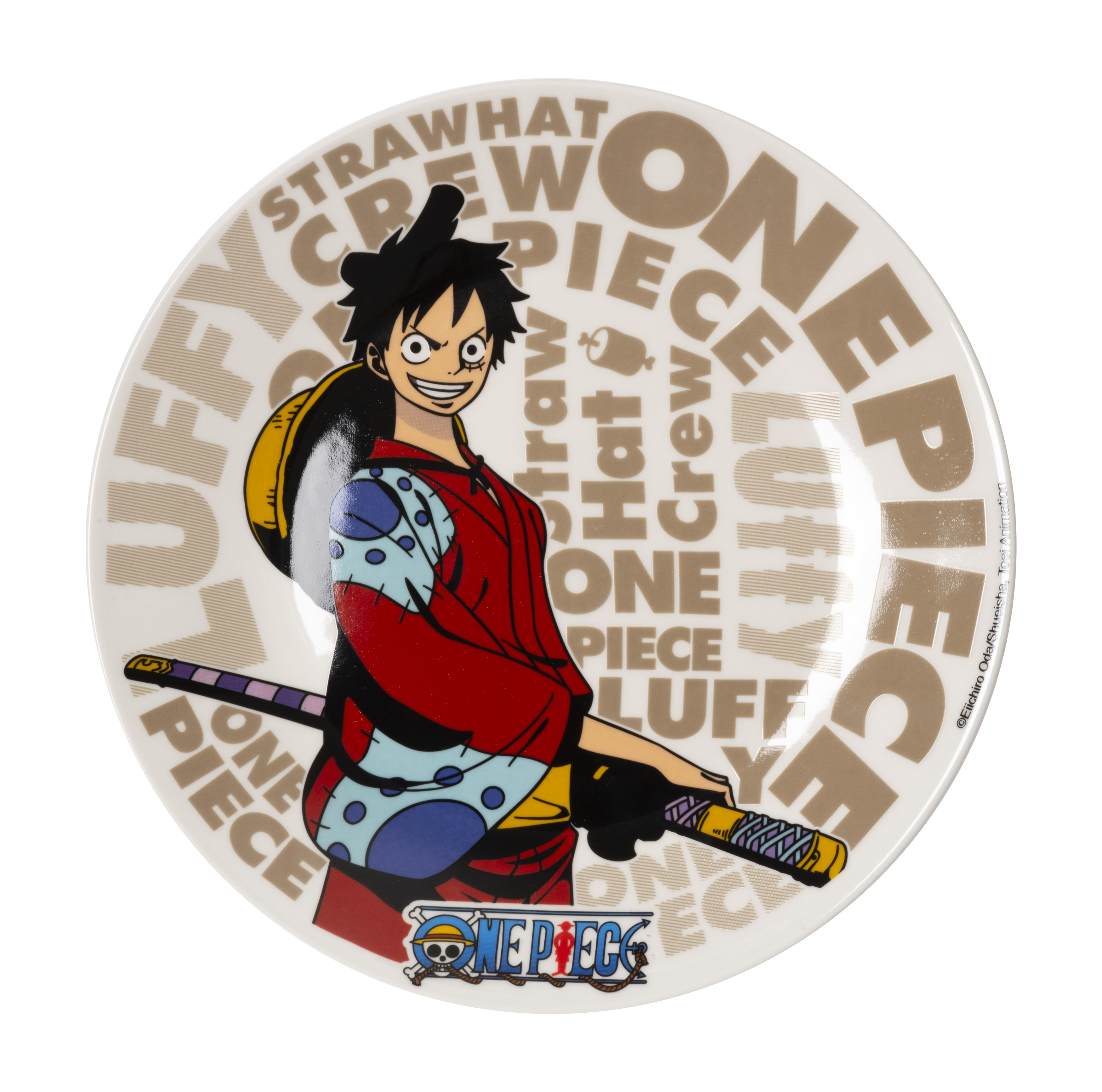 Ein weißer Teller mit einem One Piece Anime-Charakter und dem Text 'One Piece' darum.
