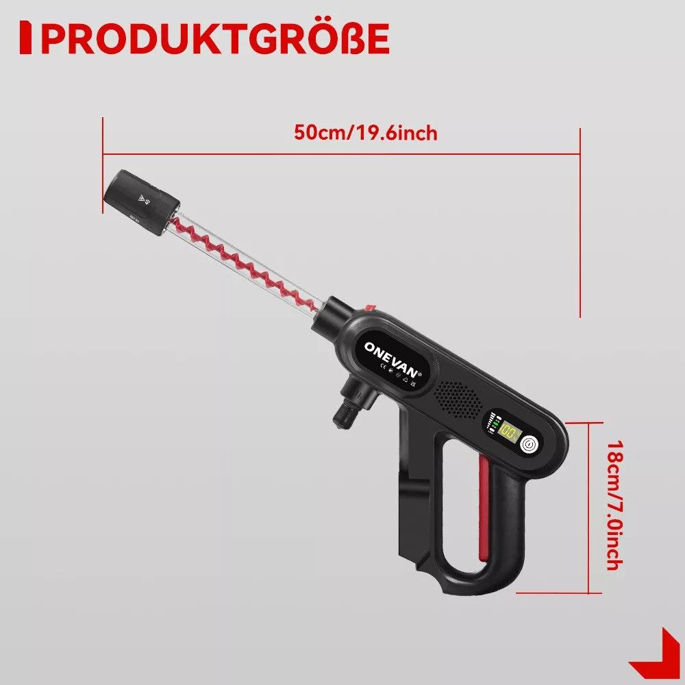 Eine schwarz-rote Hochdruckpistole mit den Maßen 50cm/19,6 Zoll und 18cm/7,0 Zoll.