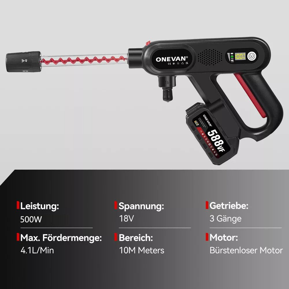 Eine schwarz-rote Hochdruckpistole mit Spezifikationen: 500W Leistung, 18V Spannung und 10M Reichweite.
