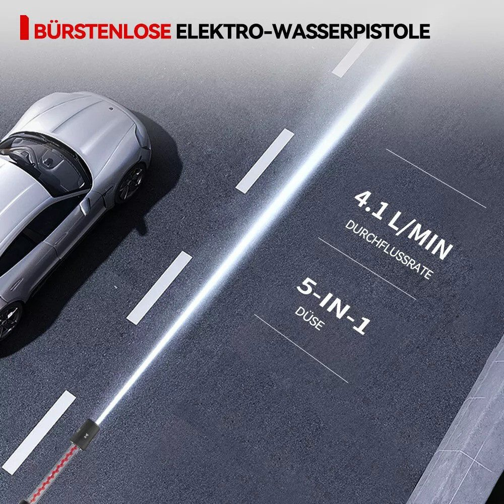 Ein Hochdruckreiniger sprüht Wasser auf den Boden. Der Text '4.1L/MIN' und '5-IN-1 DÜSE' ist sichtbar.