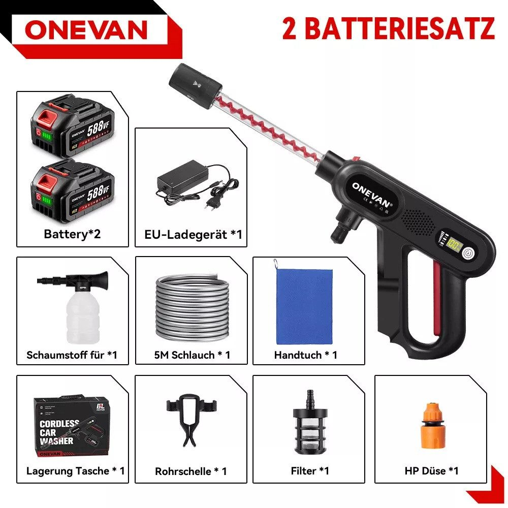 Ein Hochdruckreiniger-Kit mit Zubehör: zwei Batterien, ein Ladegerät, einen Schaumsprüher, einen Schlauch und mehr.