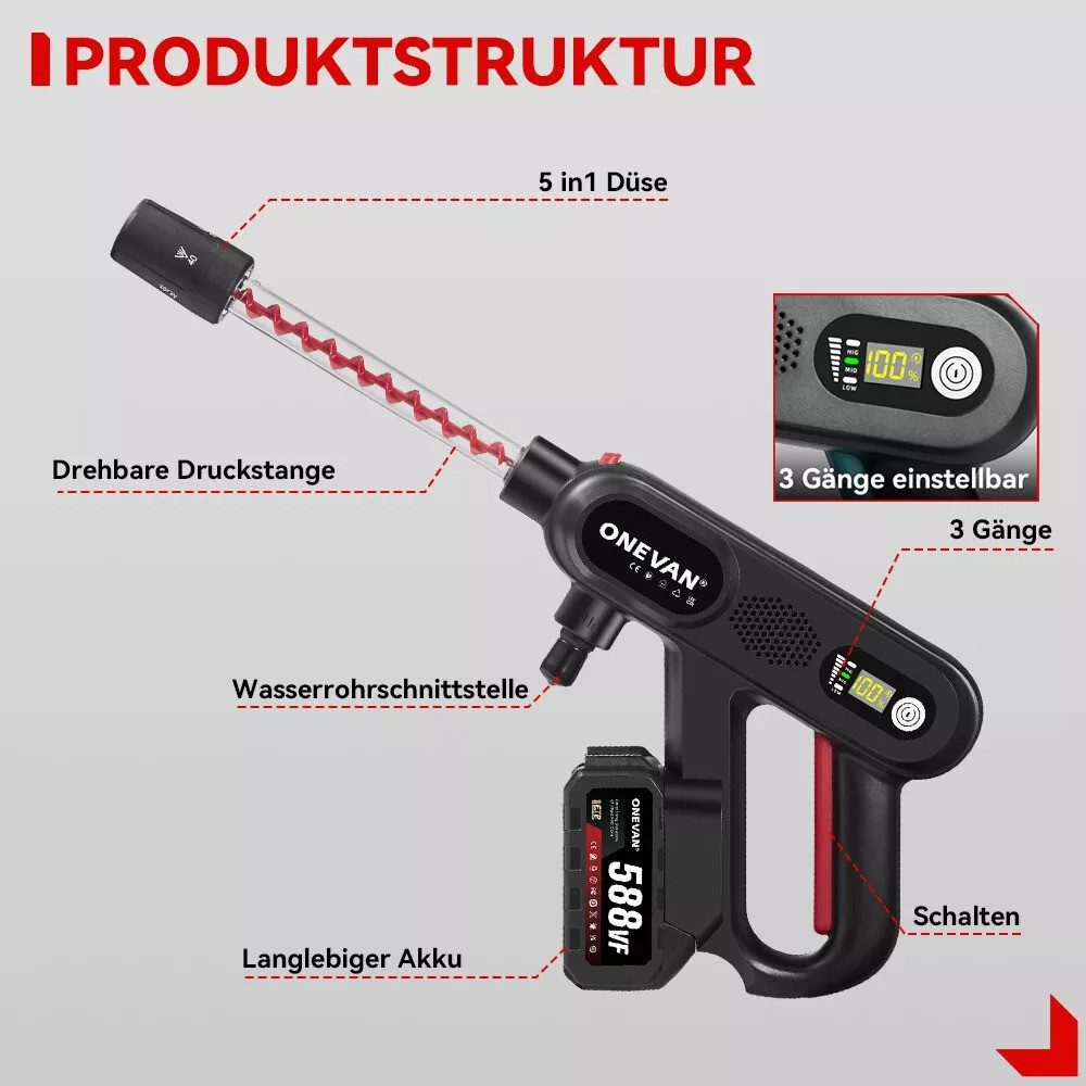 Ein schwarz-roter Hochdruckreiniger mit Akku und Etiketten. Der Text '5 in 1 Düse' ist sichtbar.