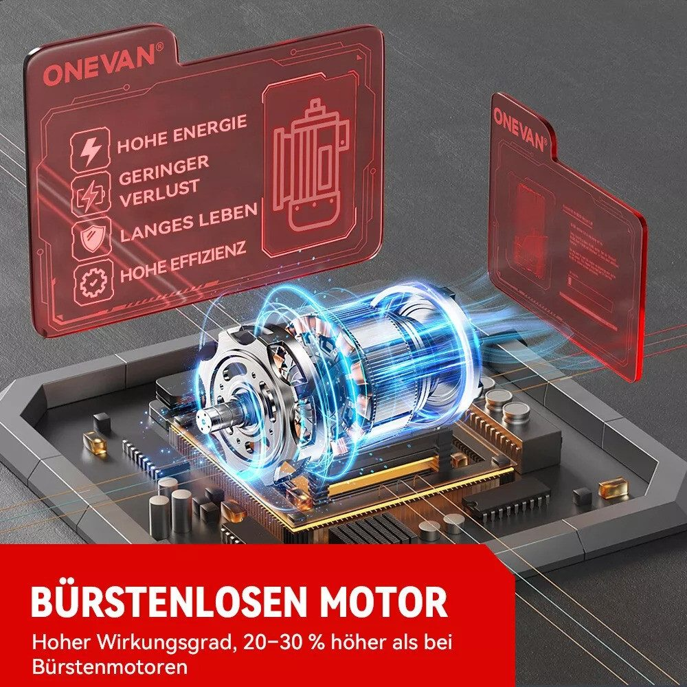 Eine blaue und silberne Maschine mit Etiketten und einem Motor. Der Text 'BÜRSTENLOSEN MOTOR' ist sichtbar.