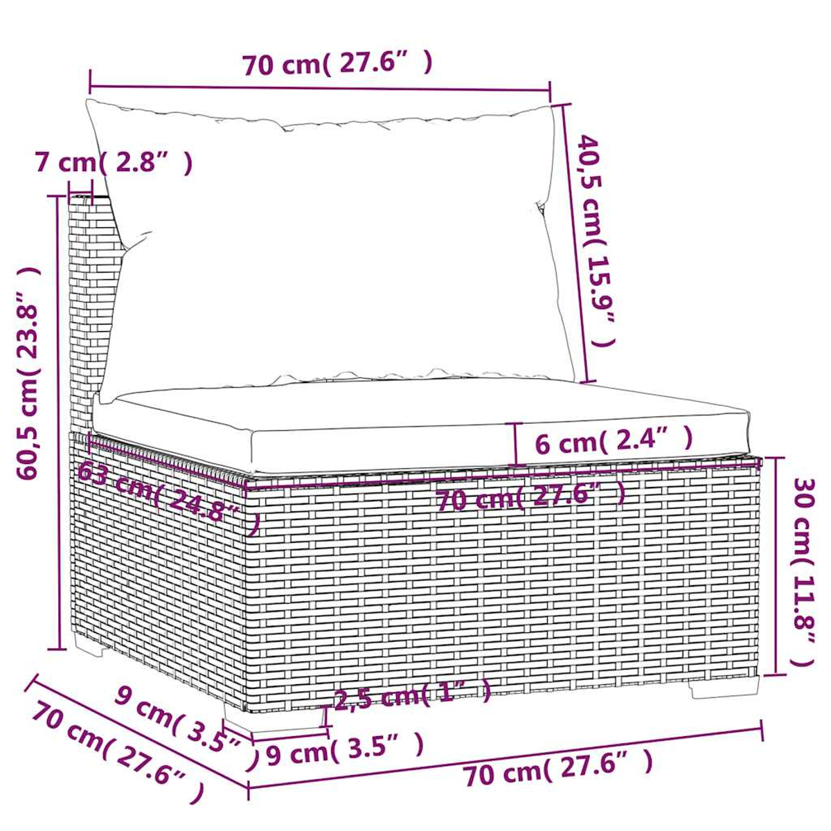 Ein Diagramm eines grauen Korbstuhls mit Abmessungen in cm und Zoll.