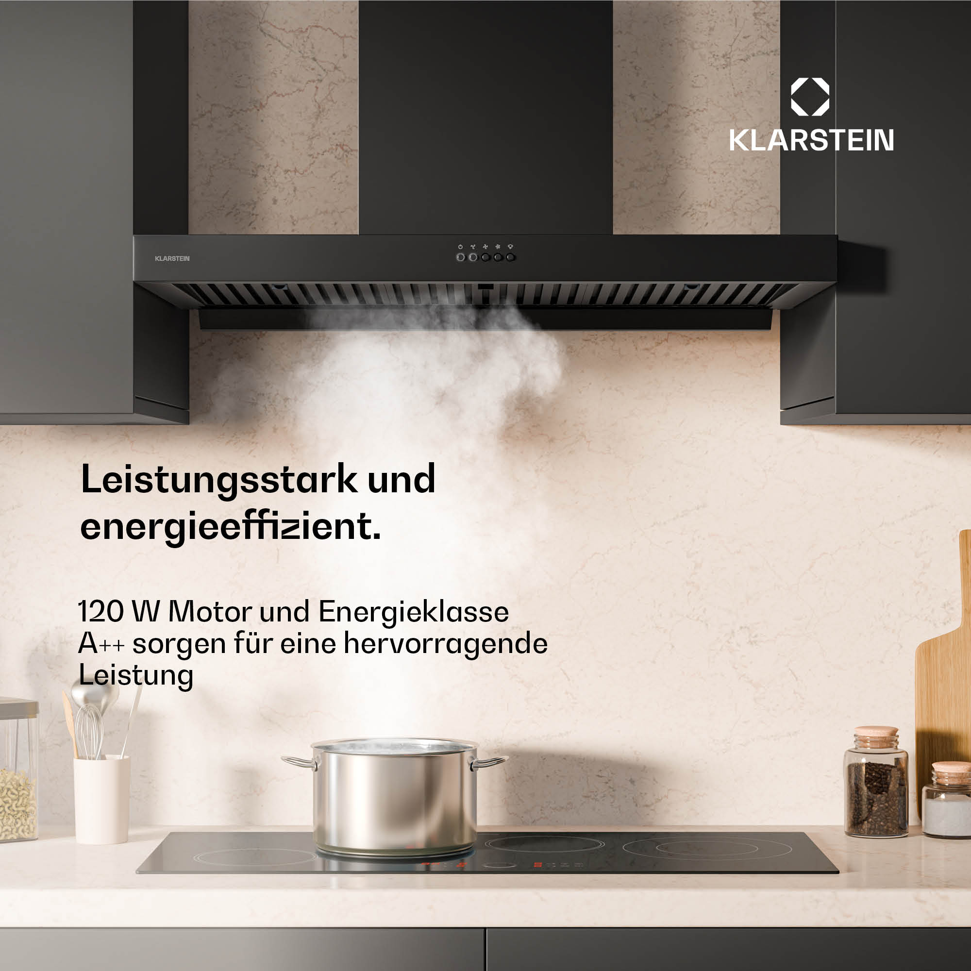 Escena de cocina con una campana extractora sobre una estufa con una olla. El logo de Klarstein es visible.