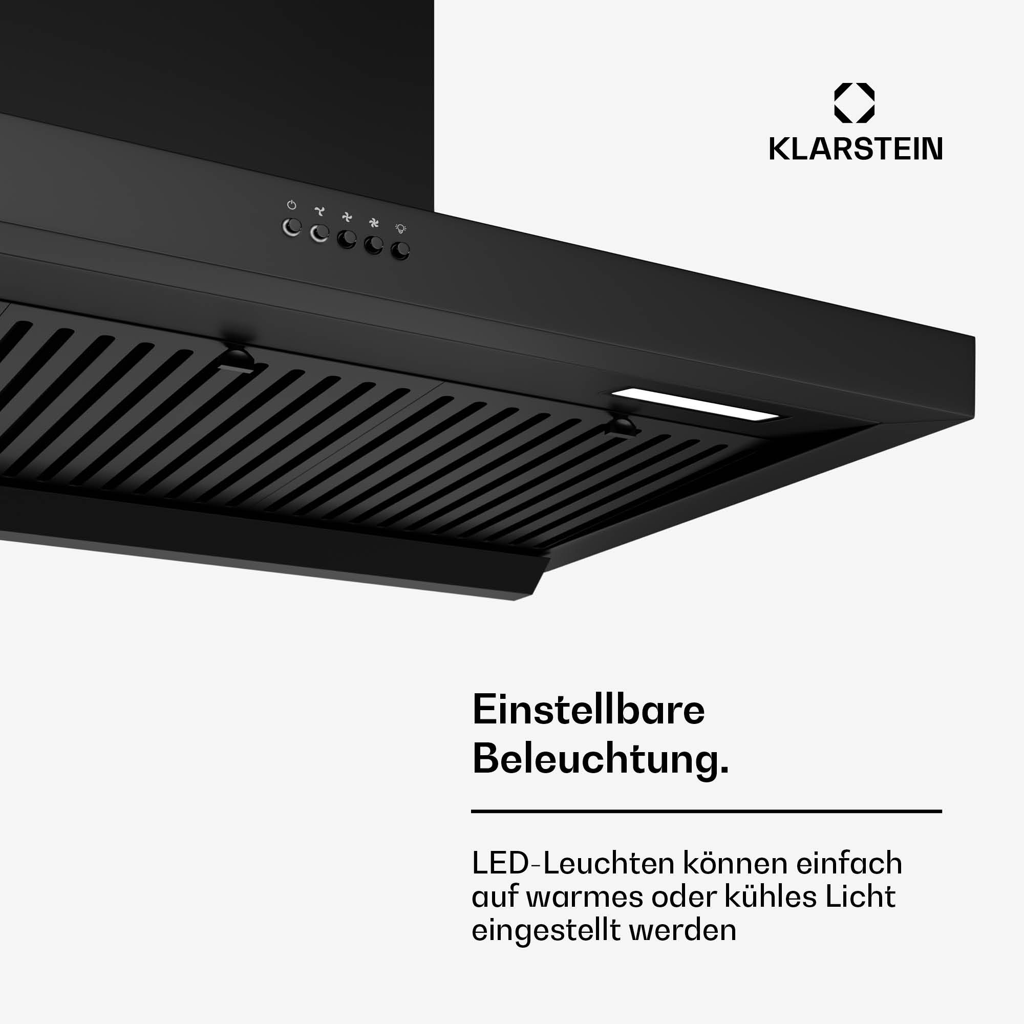 Campana extractora Klarstein negra con iluminación ajustable y botones. Diseño moderno.