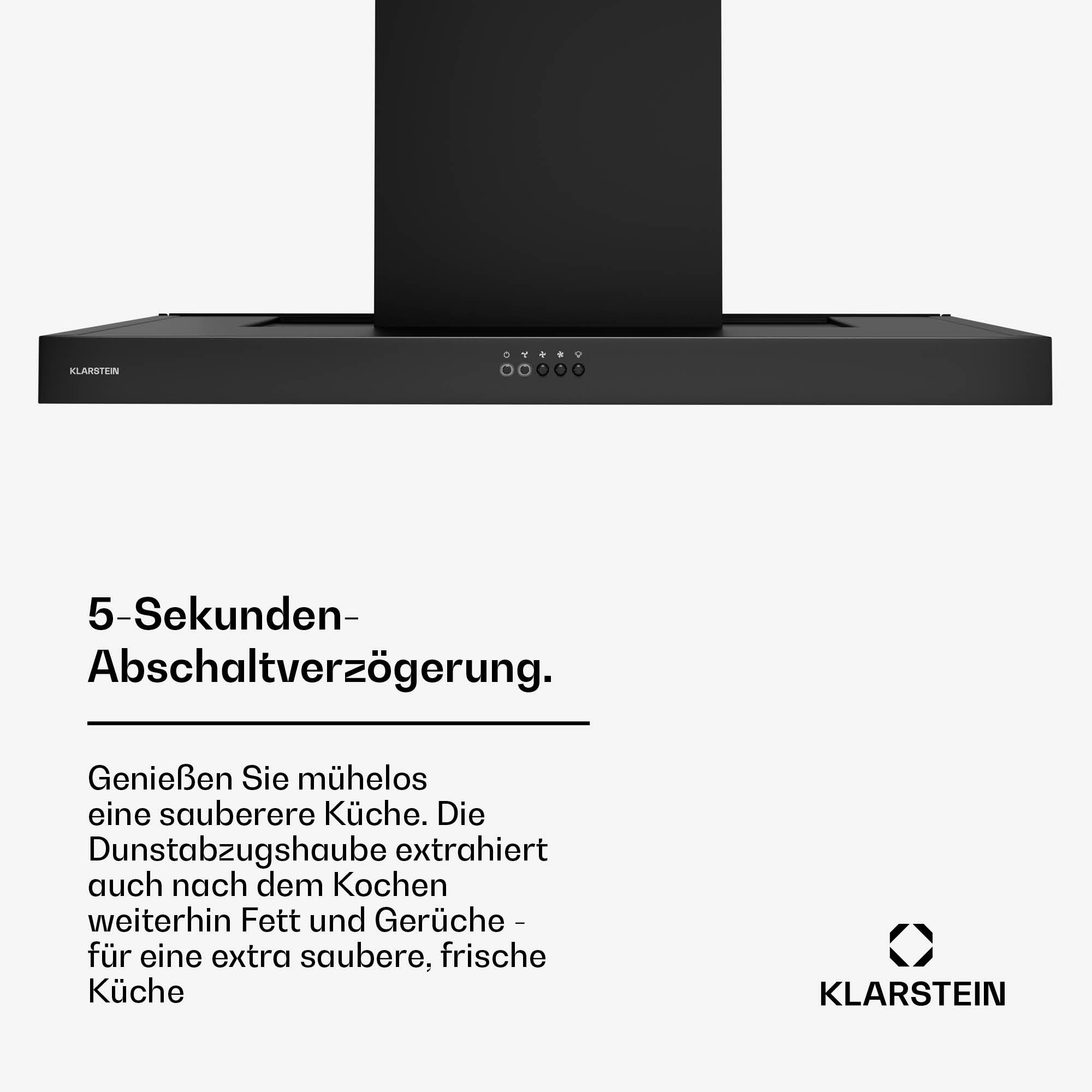 Campana extractora negra con botones de control y el logotipo de Klarstein. También hay texto en alemán.