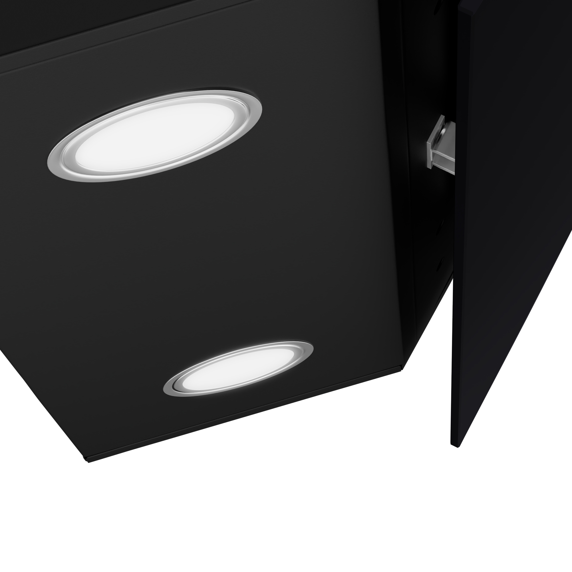 Primer plano de una campana extractora negra con dos luces ovaladas iluminadas.