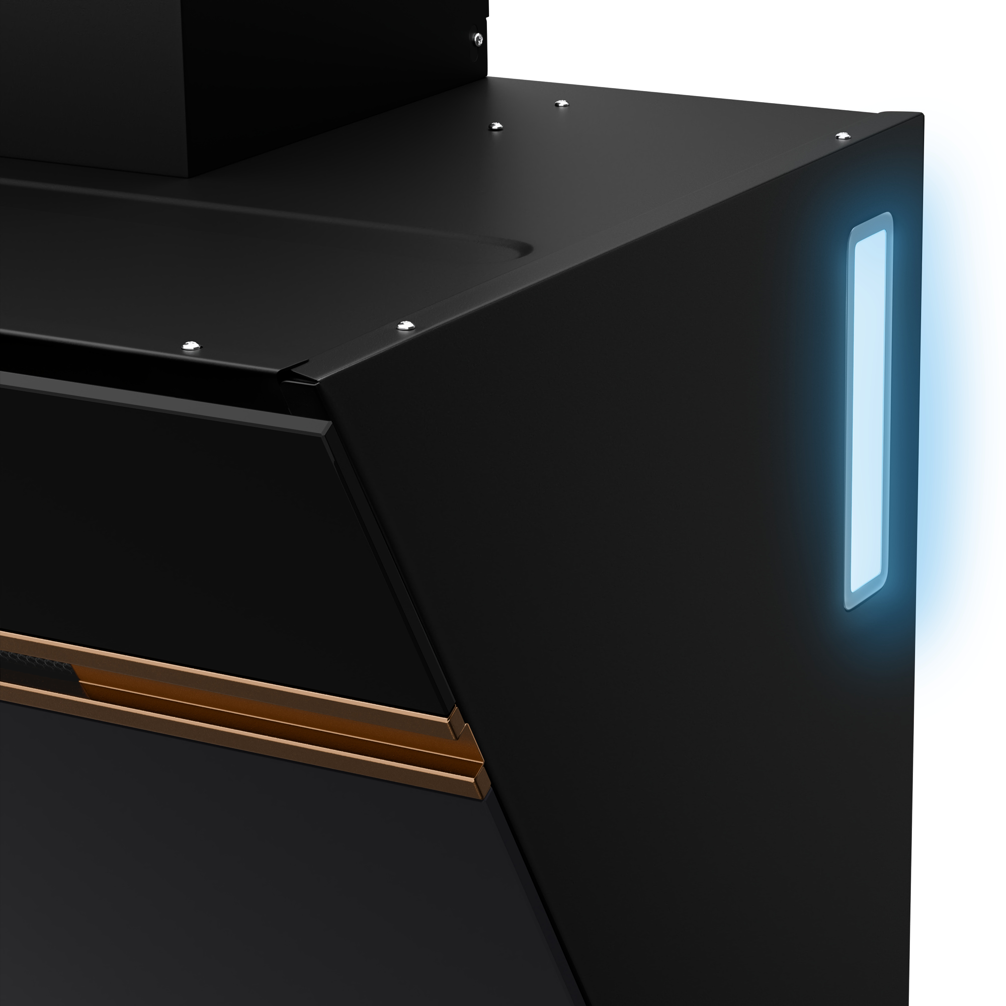 Primer plano de una campana extractora negra con ribete cobrizo y luz azul brillante en el lateral.