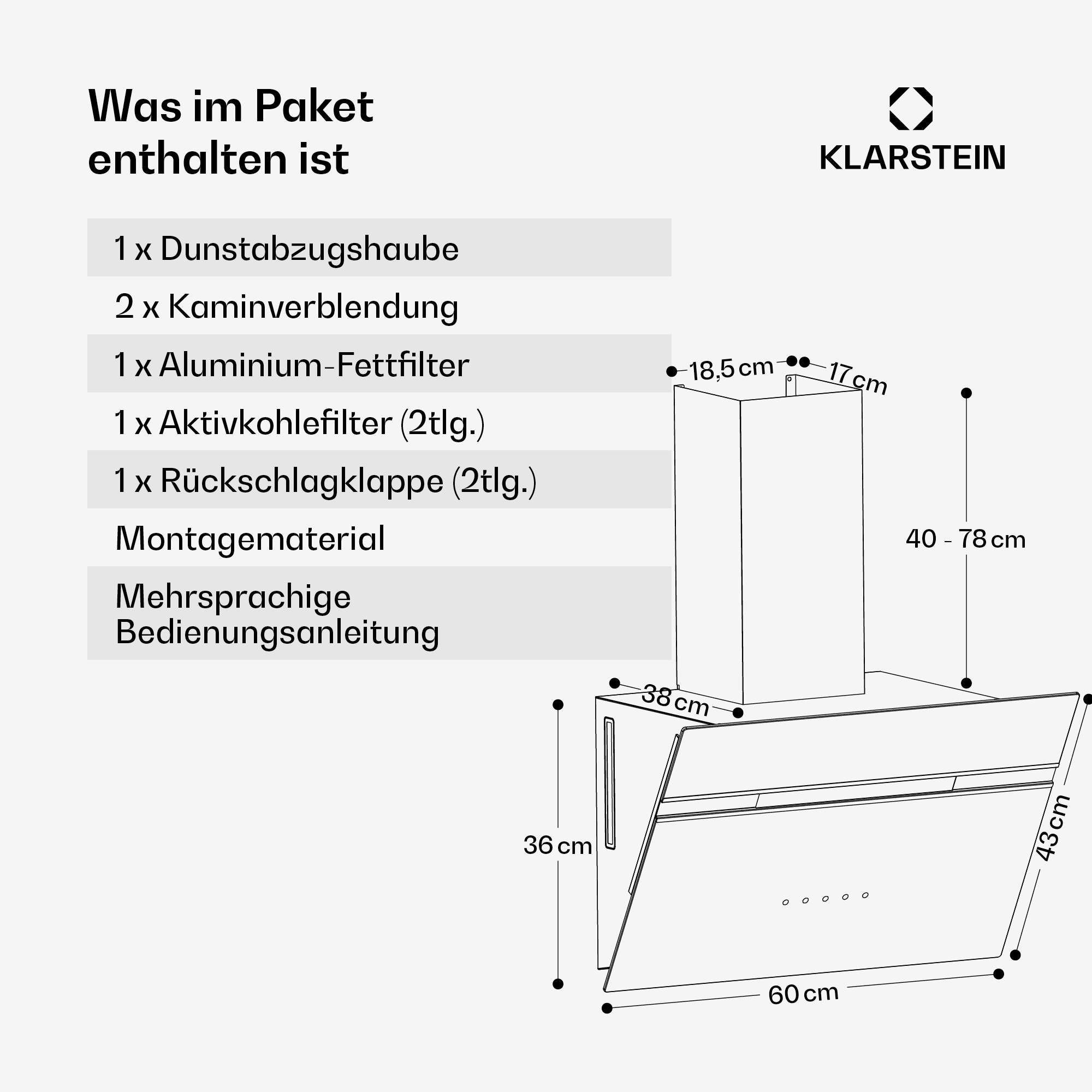 Un diagrama de una campana extractora Klarstein con dimensiones en centímetros, mostrando las piezas y tamaños.