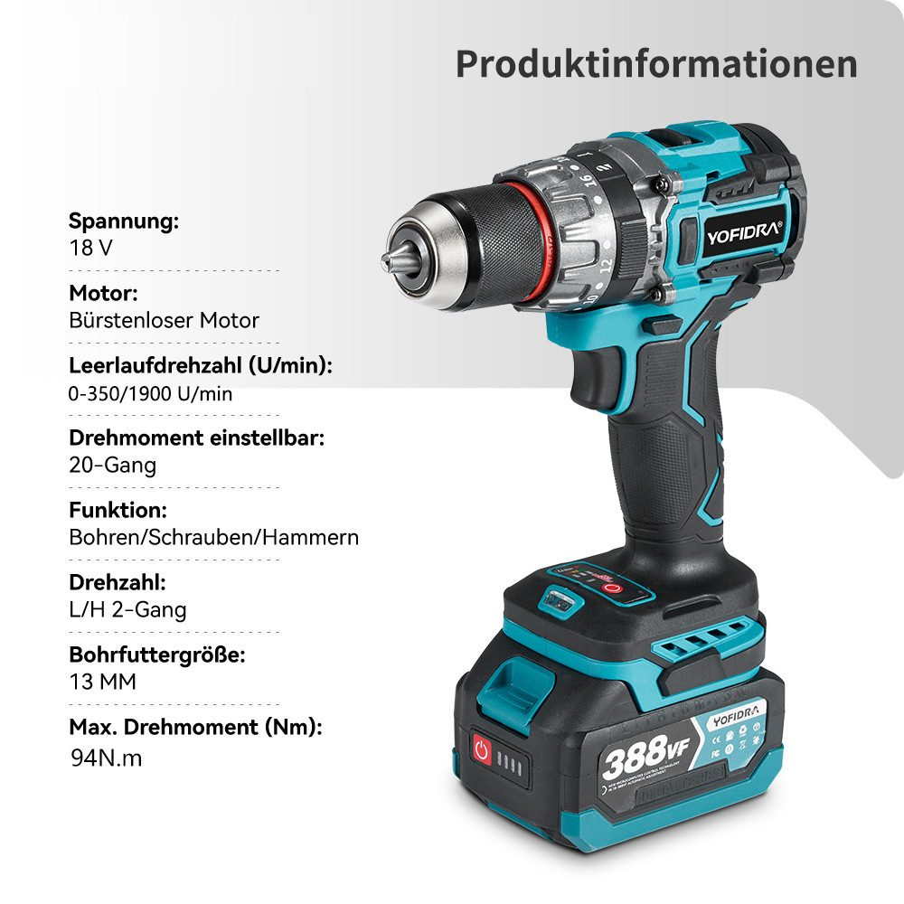 Ein türkis-schwarzer Akku-Bohrer mit Spezifikationen, Spannung, Motor, Geschwindigkeit usw.