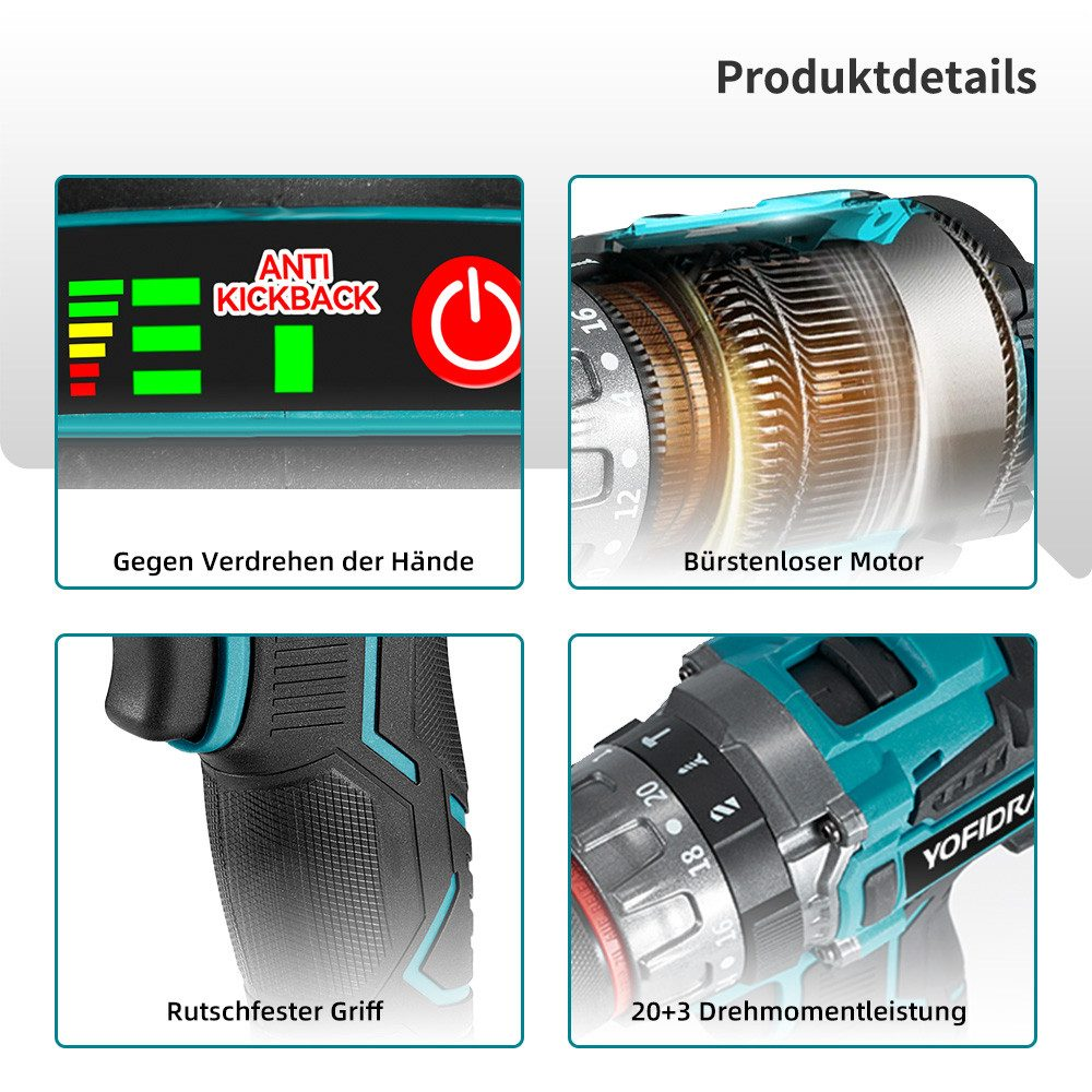 Nahaufnahmen eines türkis-schwarzen Akku-Bohrers, der seine Funktionen und Komponenten hervorhebt.