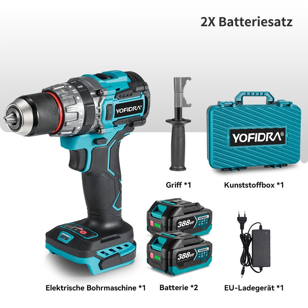 Ein Set Bohrzubehör, darunter Bohrmaschine, Akkus, Ladegerät und Tragetasche, wird gezeigt.