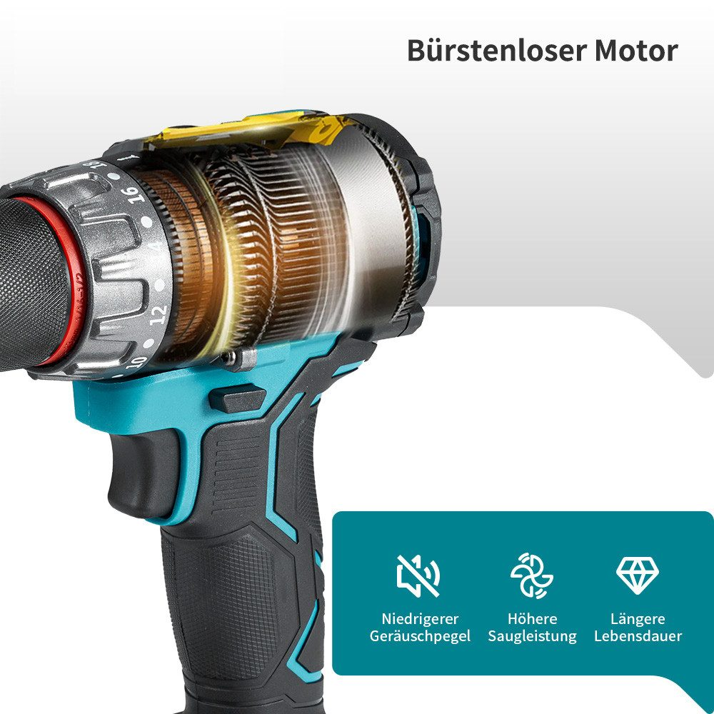 Schnittansicht eines Bohrers mit bürstenlosem Motor, der geringere Geräusche, höhere Saugleistung und längere Lebensdauer hervorhebt.