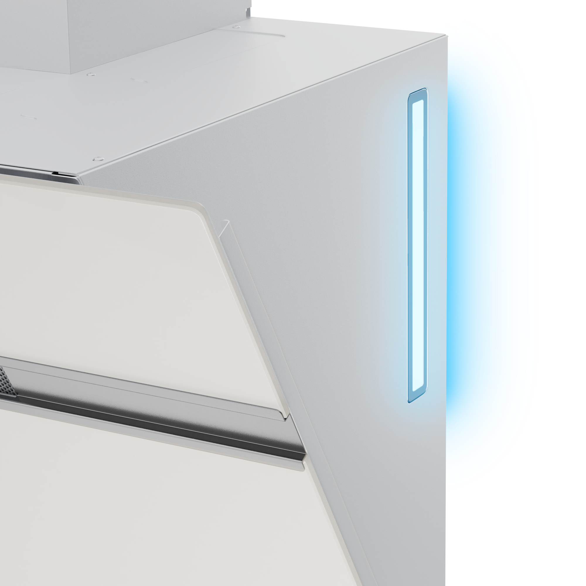 Una campana extractora blanca con una tira de luz azul en el lateral.