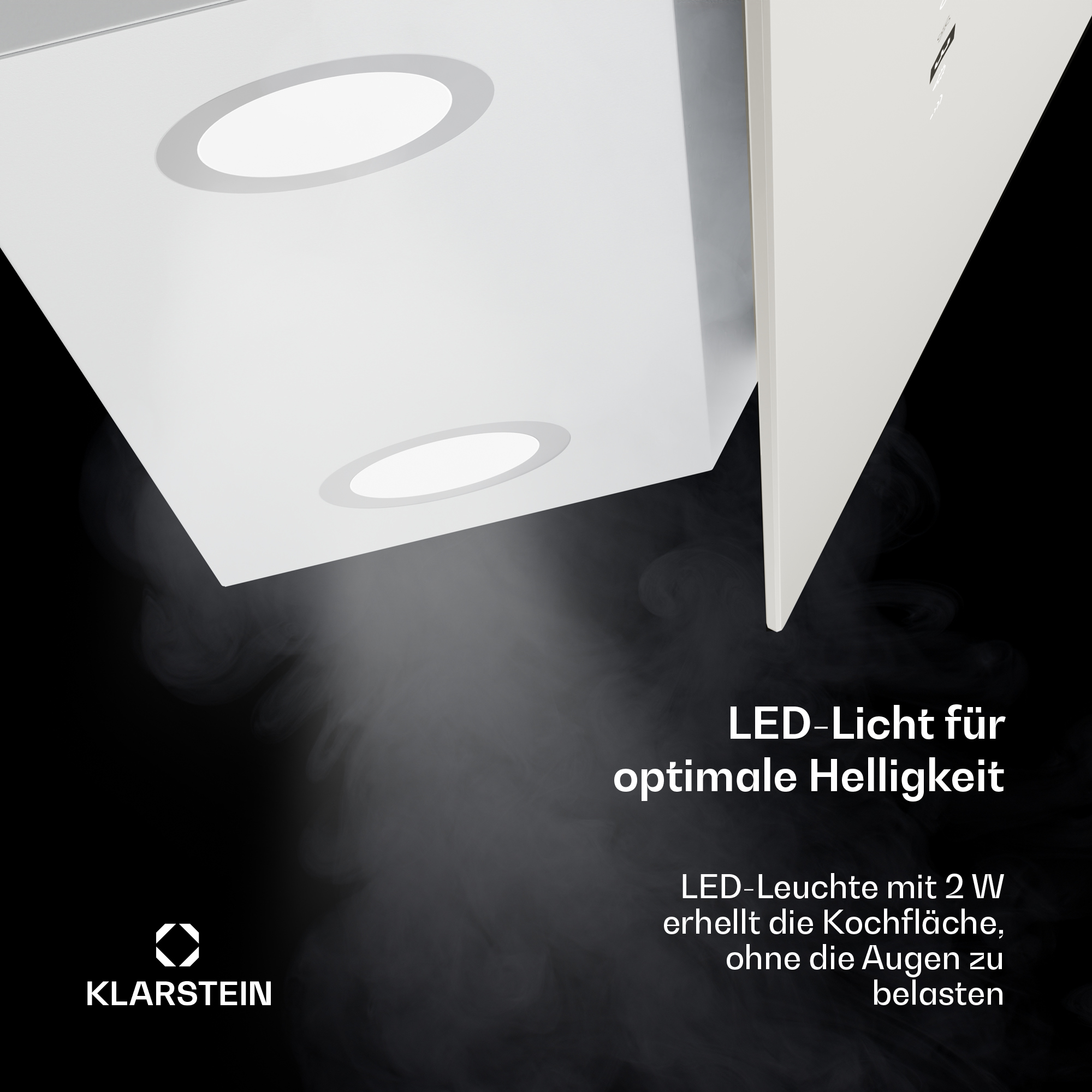 Campana extractora blanca con dos luces que brillan hacia abajo. Texto: Luz LED para un brillo óptimo.