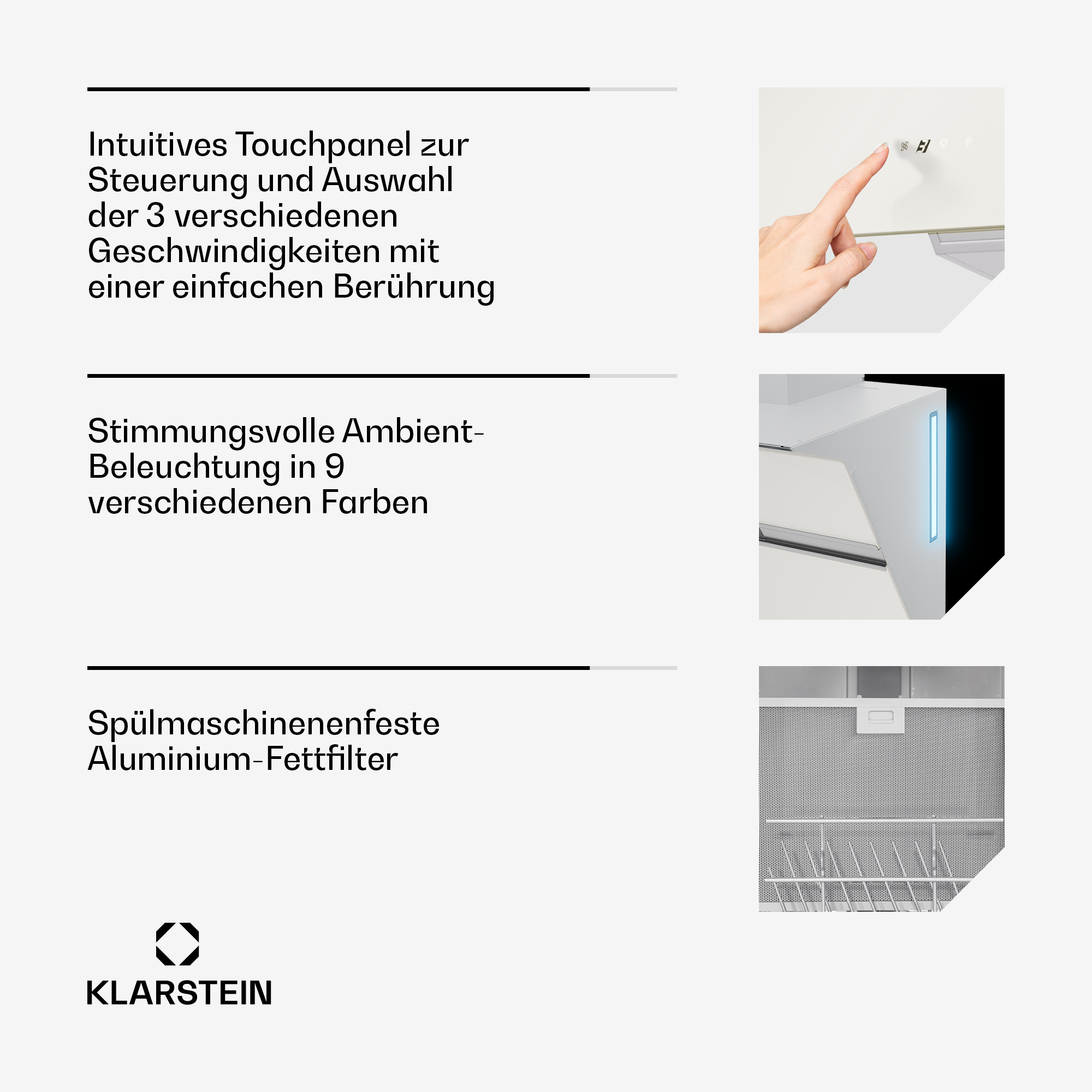 Imagen que muestra panel táctil, iluminación ambiental y filtro de aluminio de una campana.