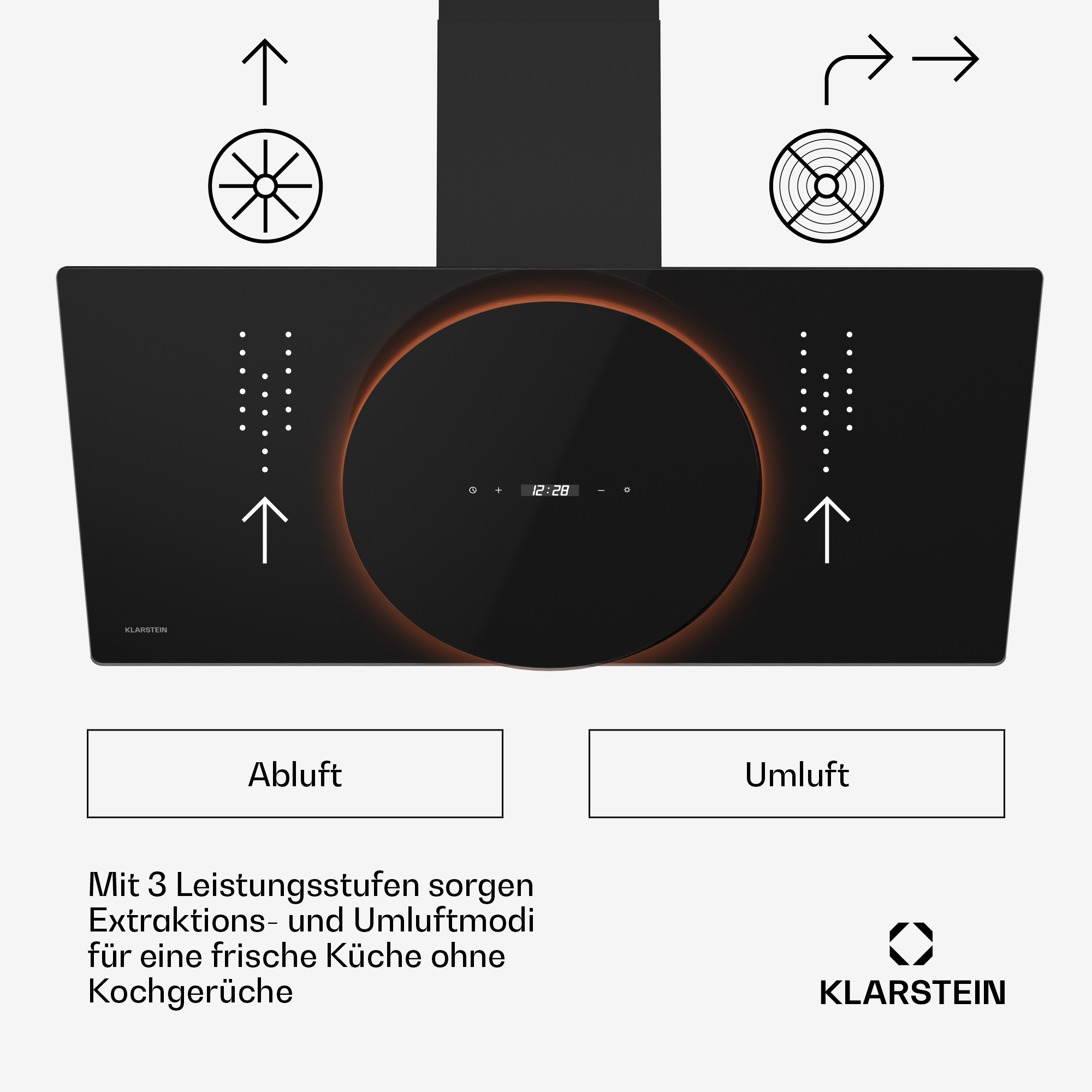 Una campana extractora negra con tres configuraciones: escape, recirculación y texto que promueve una cocina fresca.