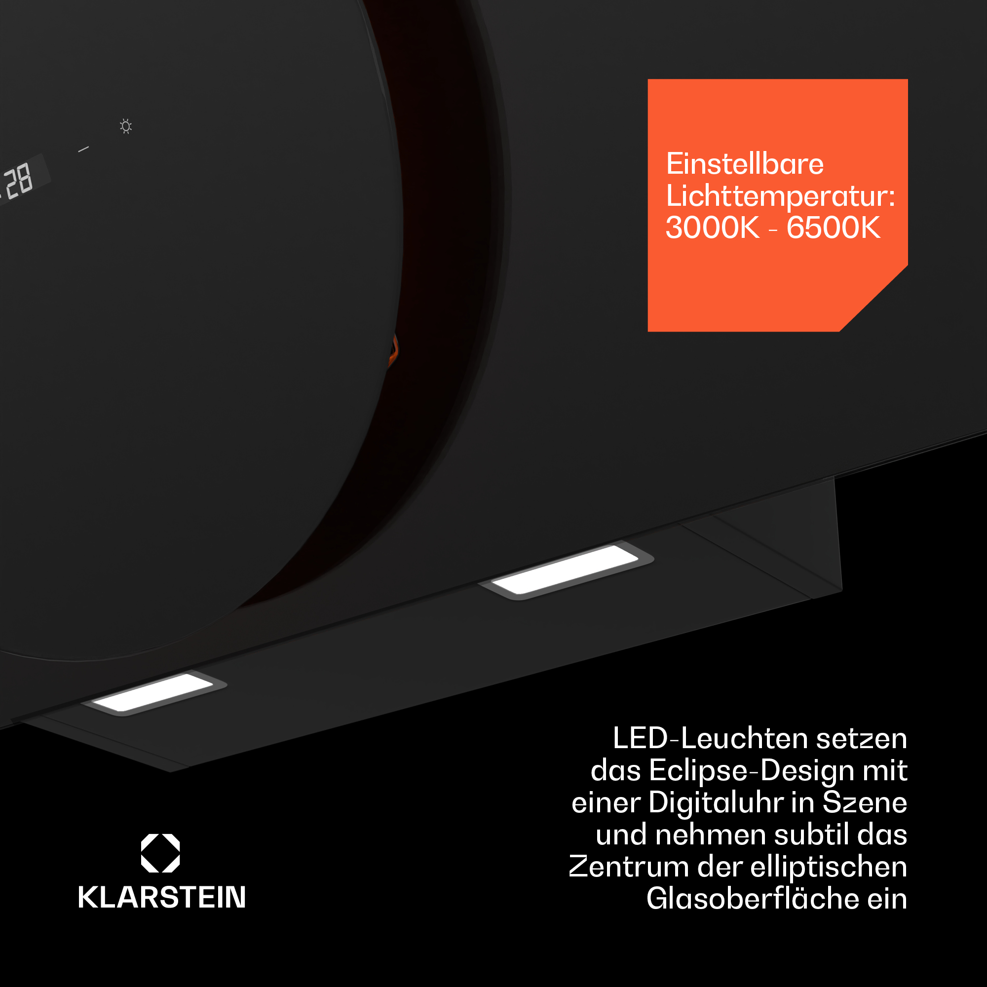 Un primer plano muestra dos luces LED debajo de una campana de cocina negra con ajustes de temperatura.