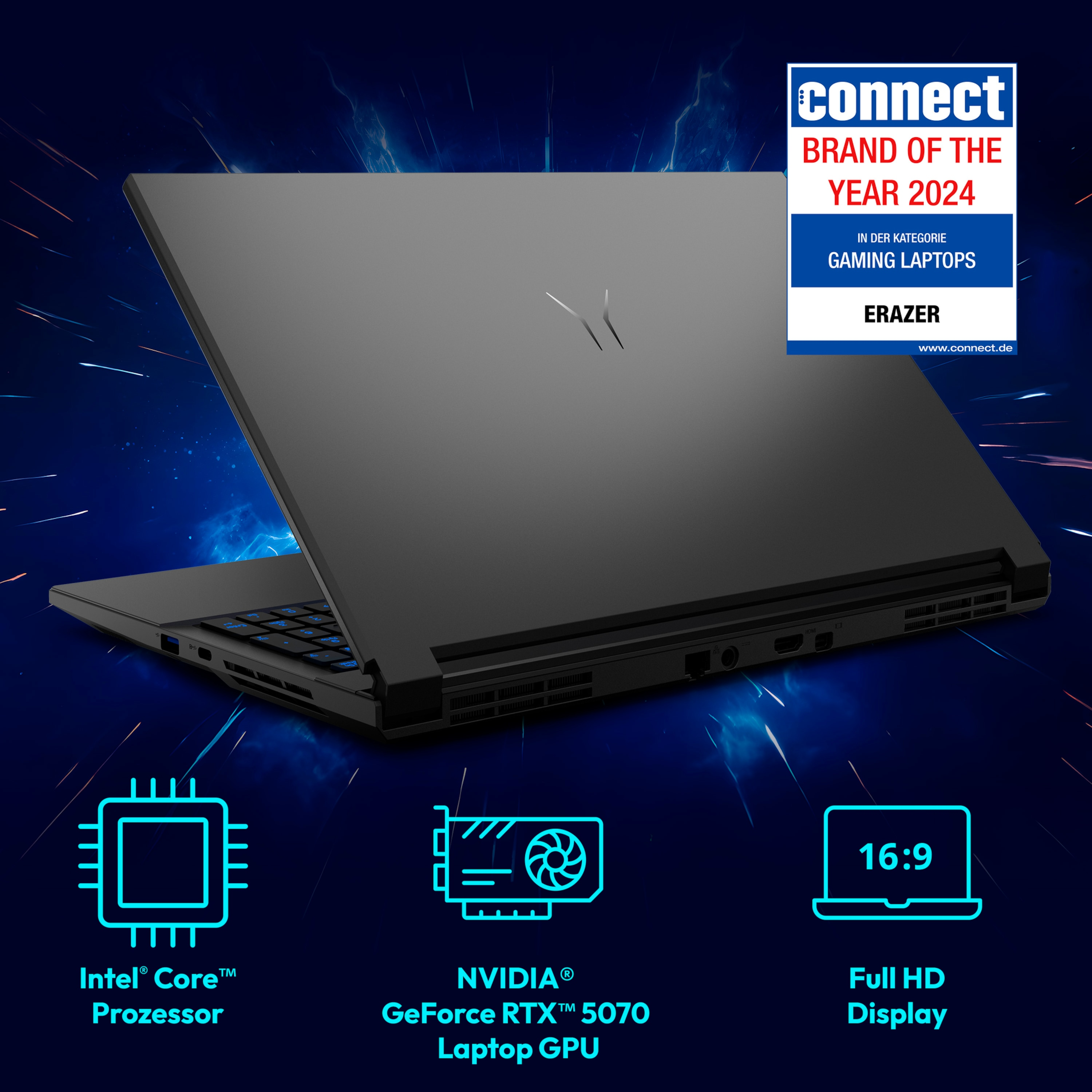 Czarny laptop z odznaką na górze, z logo Intel Core i grafiką Nvidia RTX.