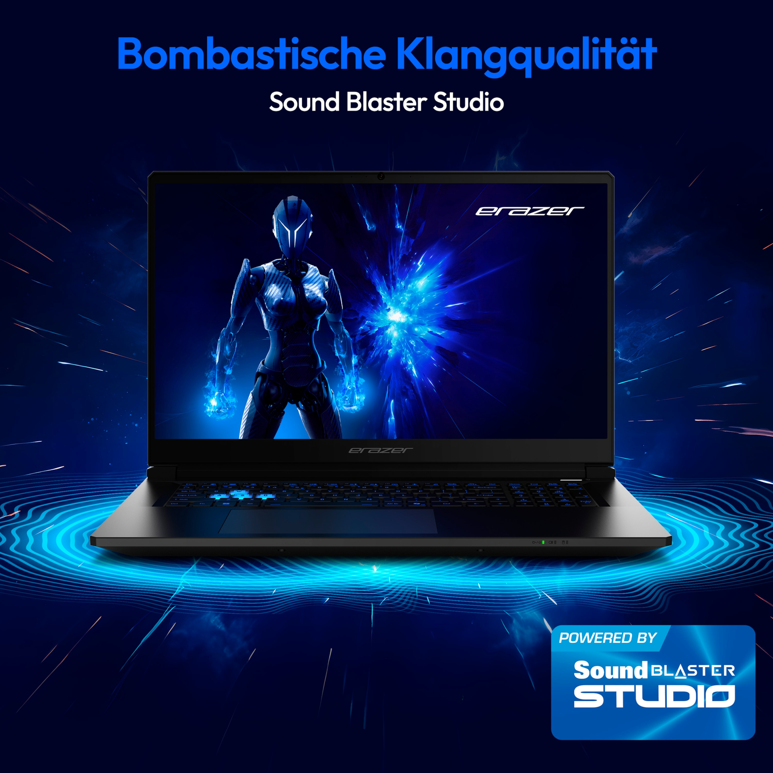 Laptop wyświetlający obraz o tematyce gier. Marka Erazor jest widoczna na laptopie.