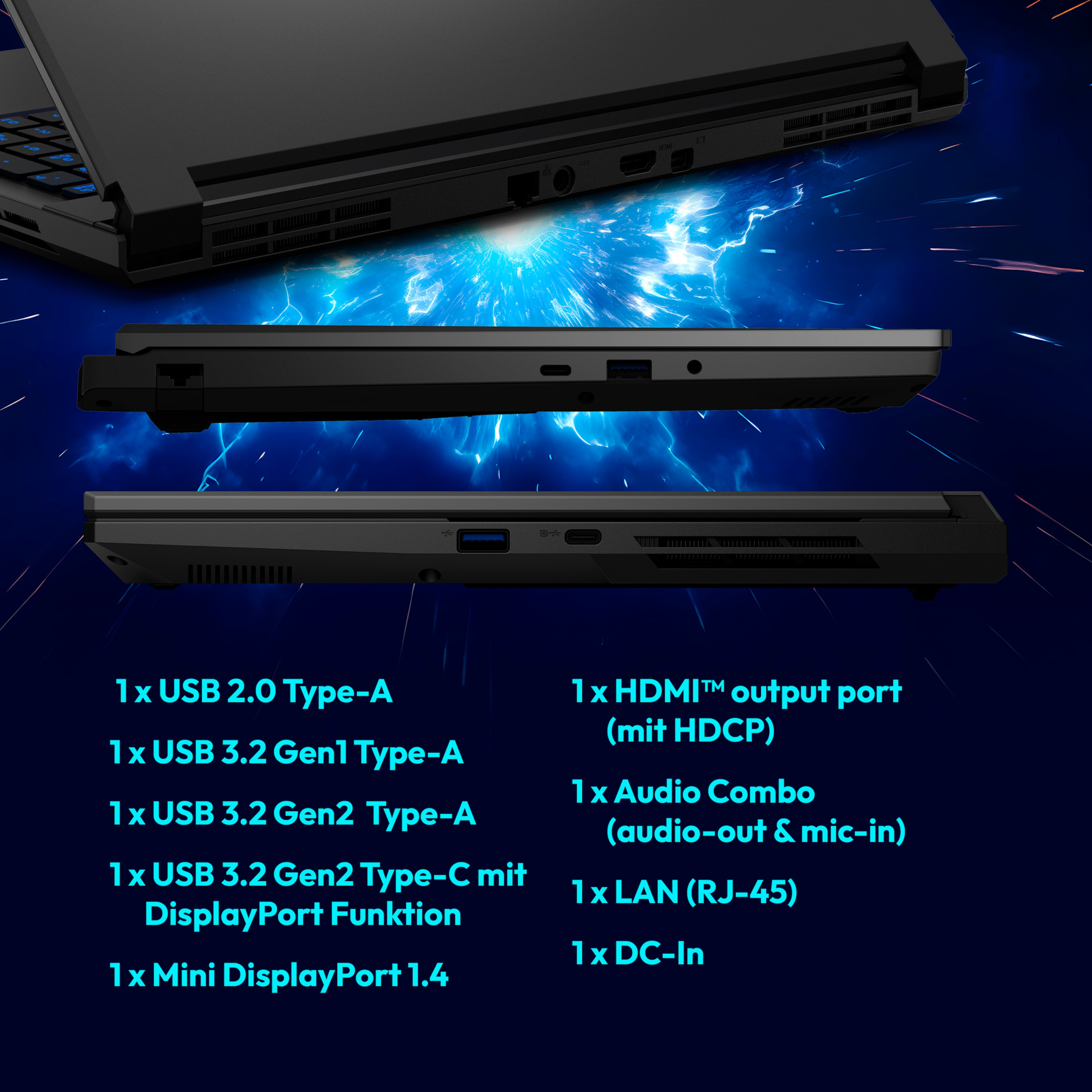 Dwa laptopy obok siebie z tekstem opisującym porty i funkcje, na niebieskim tle.
