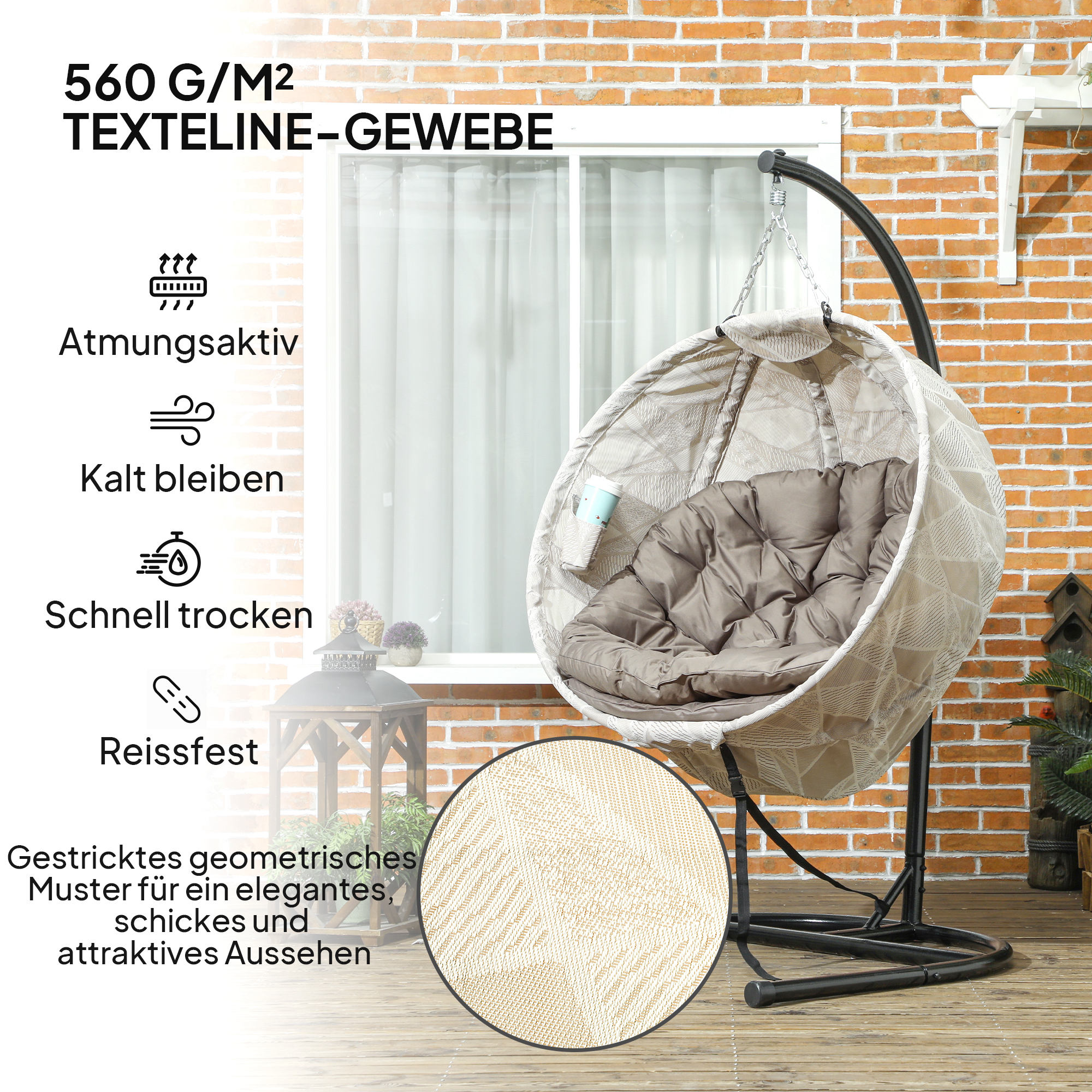 Ein beiger Hängesessel mit schwarzem Ständer. Text-Overlays zeigen Stoffdetails und Vorteile.
