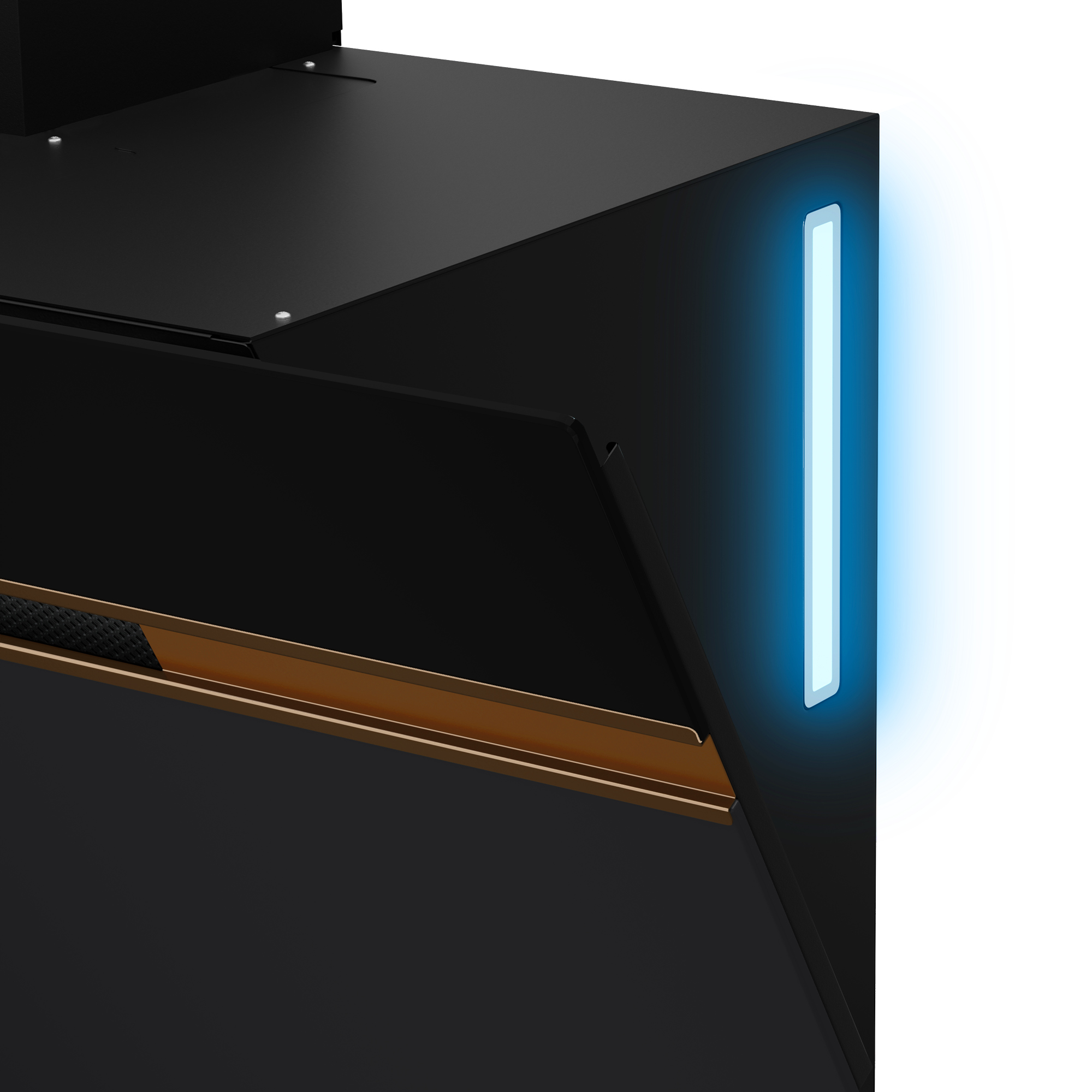 Una campana extractora negra con una luz azul en el lateral. El panel frontal es brillante.