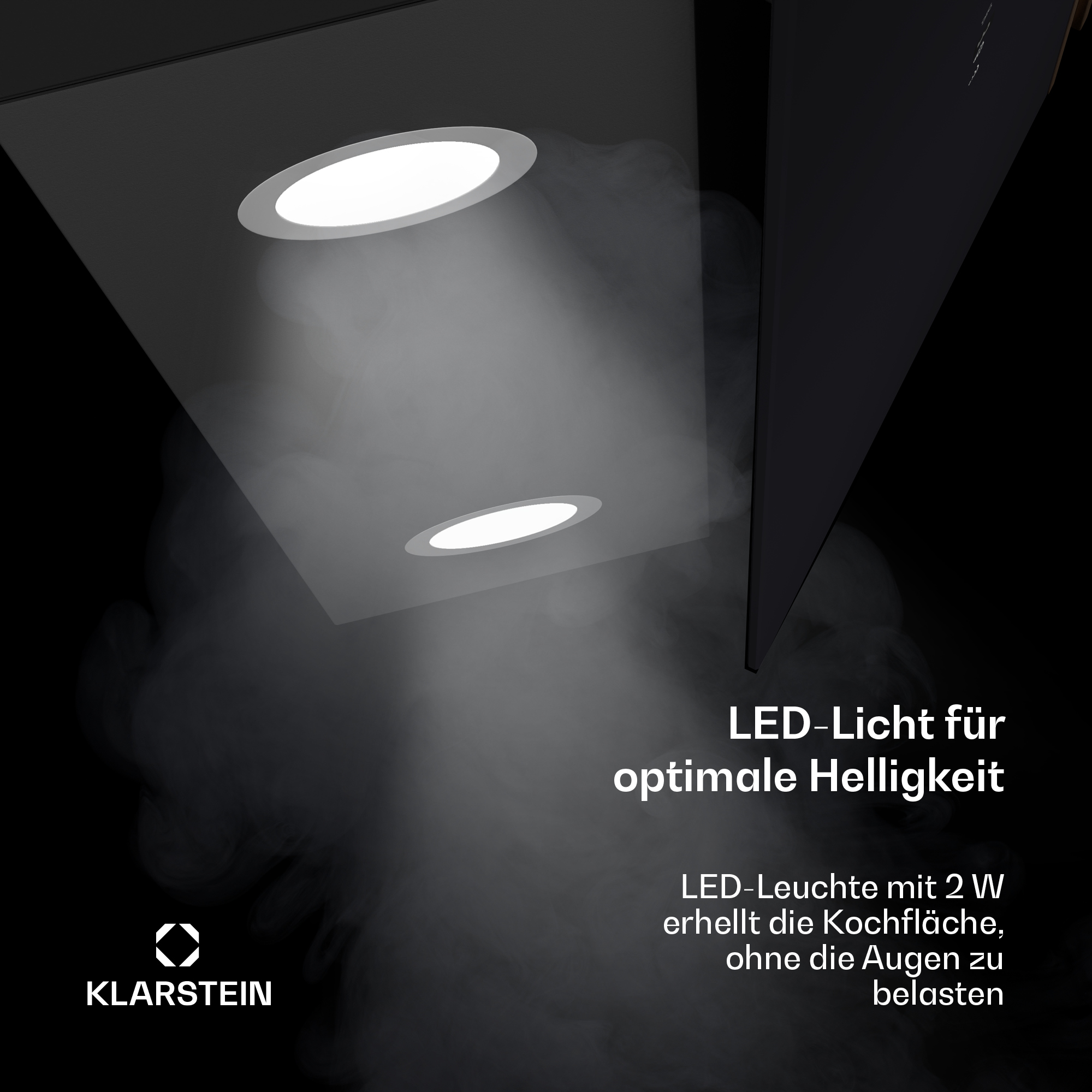 Dos luces LED brillando sobre la superficie negra. El texto dice luz LED para un brillo óptimo.