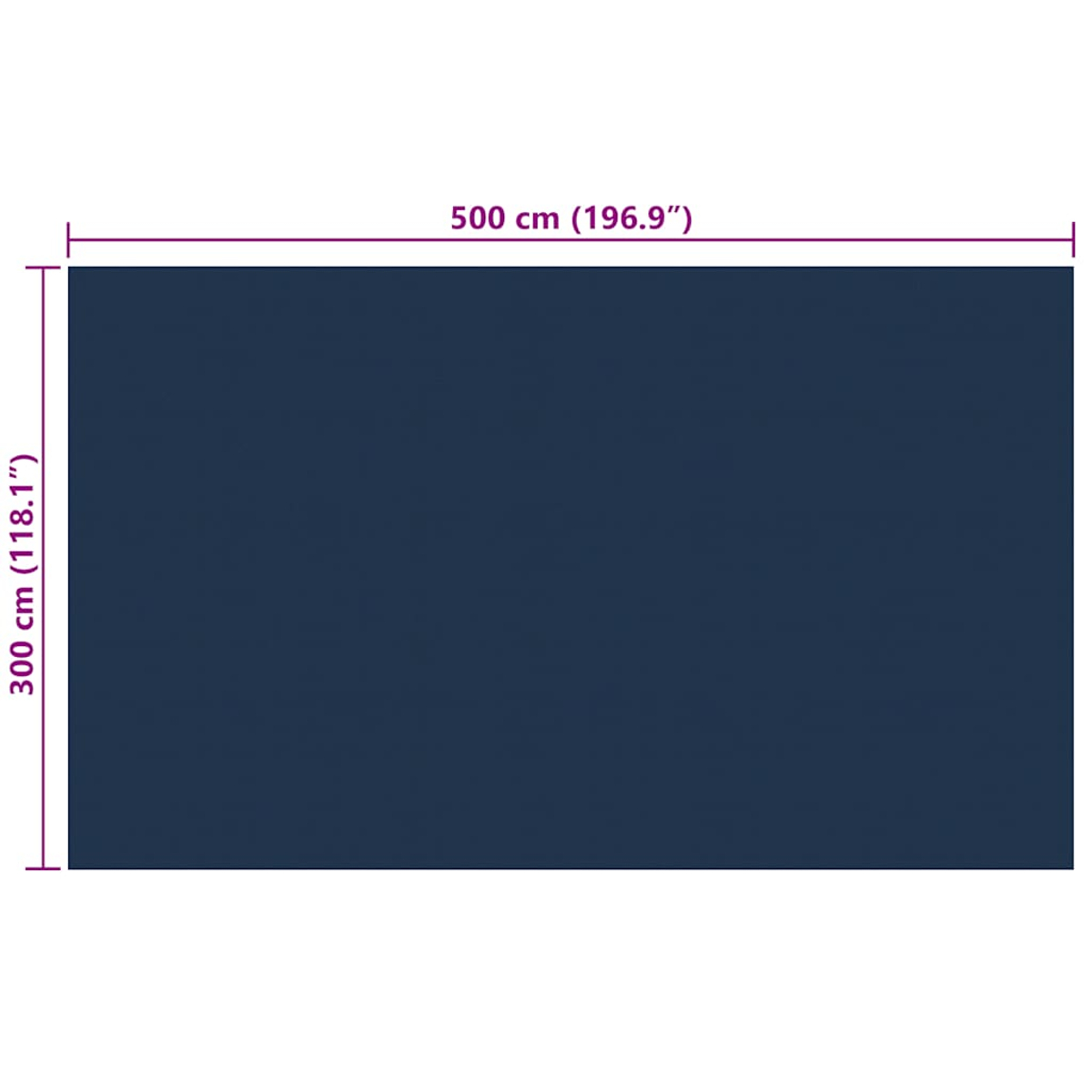 Marineblaues Rechteck mit Abmessungen. 500 cm breit, 300 cm hoch. Dunkelblaue Farbe.