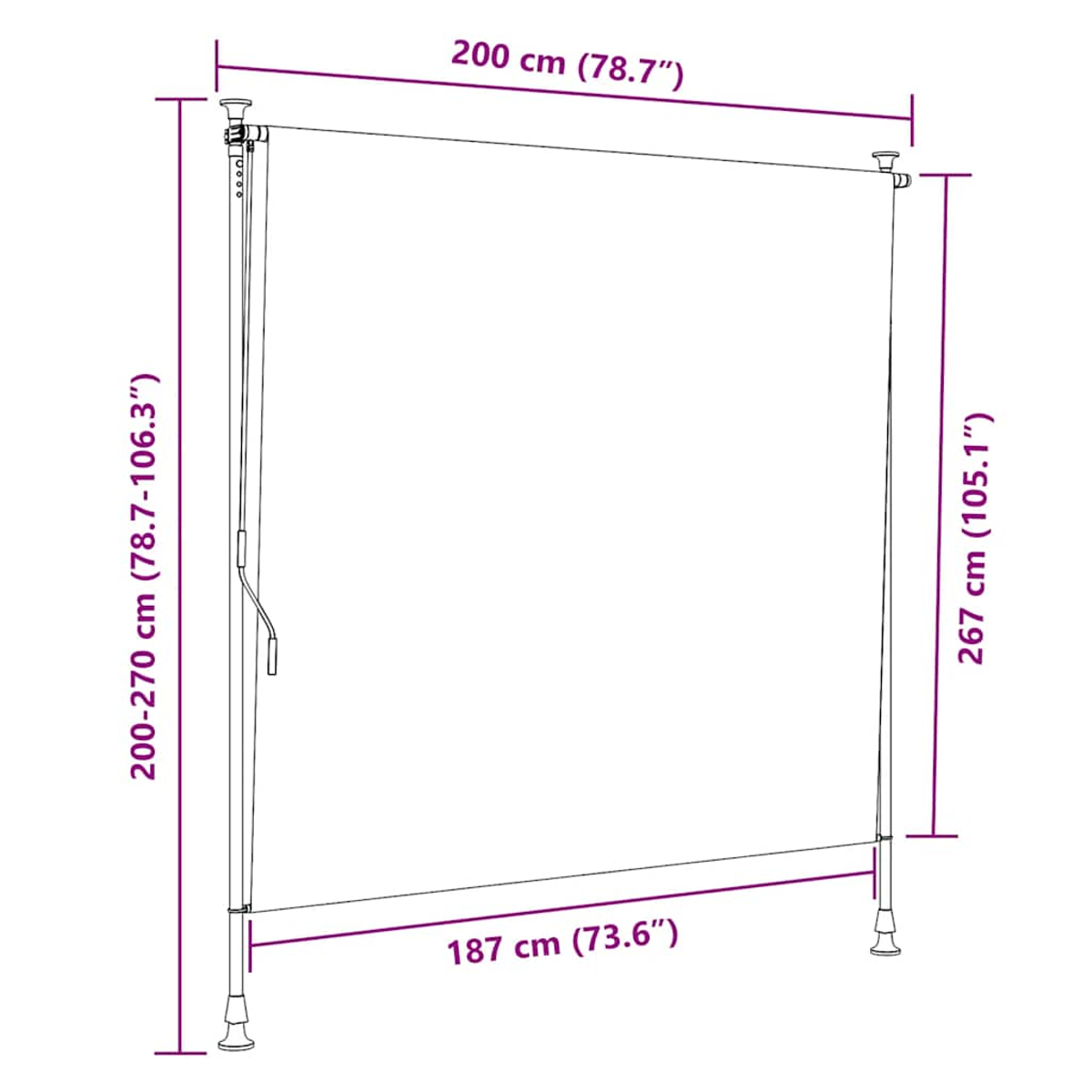 Struktur mit Abmessungen. 200 cm breit, 267 cm hoch und 187 cm Basis. Weiße Oberfläche.