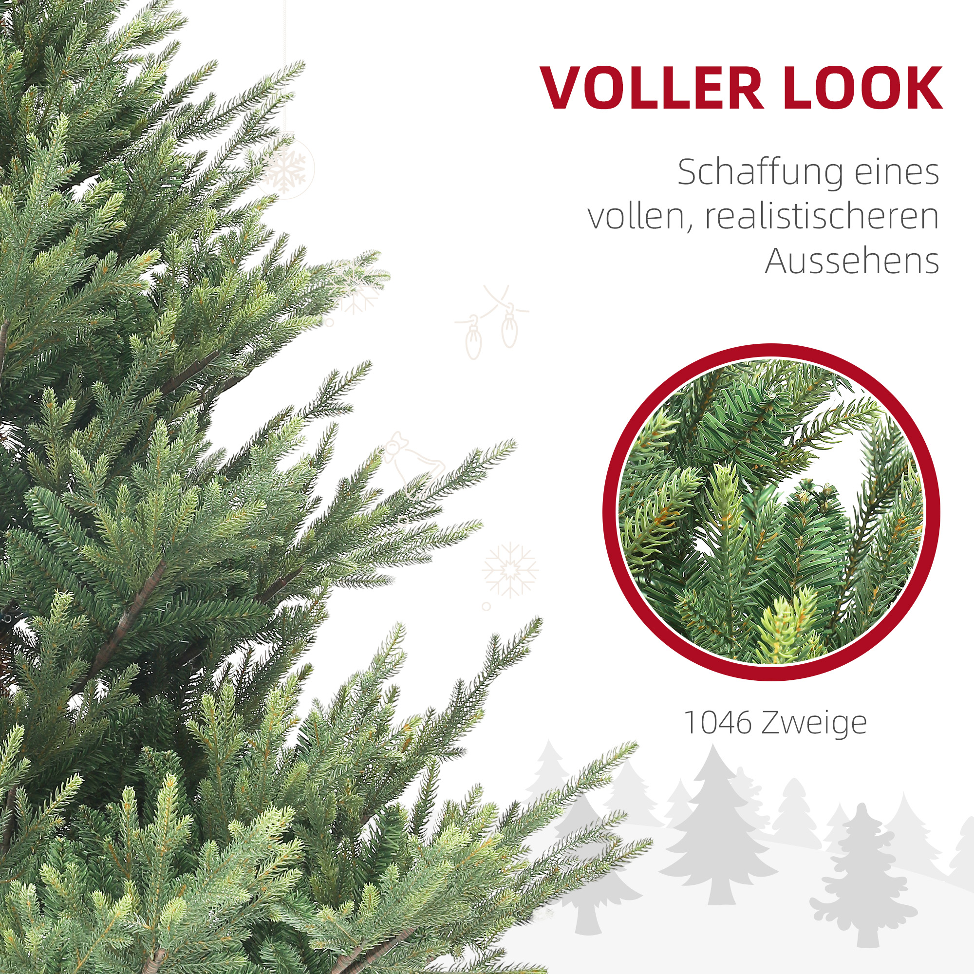 Nahaufnahme eines grünen künstlichen Weihnachtsbaums mit vergrößerter Ansicht der Zweige.