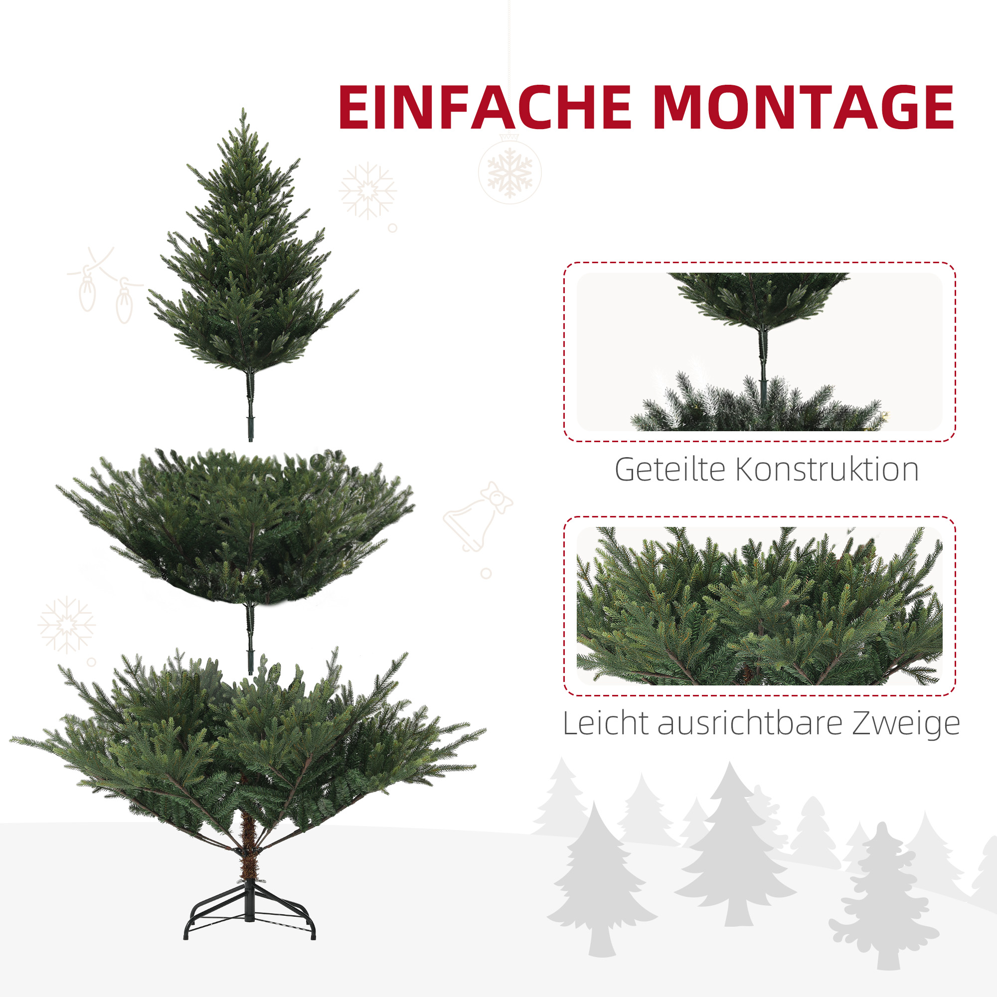 Ein zerlegter Weihnachtsbaum in drei Teilen mit Nahaufnahmen der Äste und einfacher Montage.