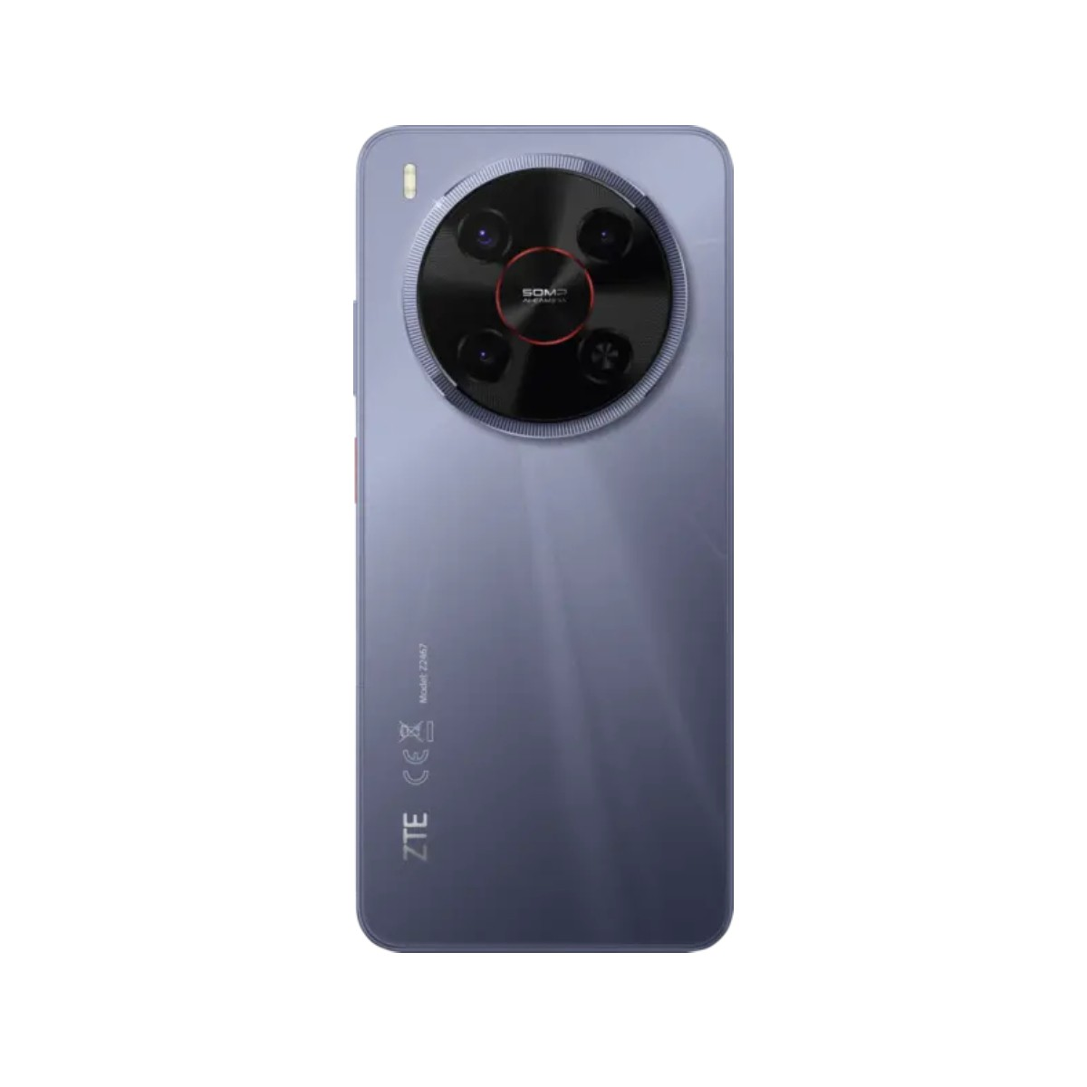Widok z tyłu fioletowego smartfona ZTE z dużym, okrągłym modułem kamery z wieloma obiektywami.
